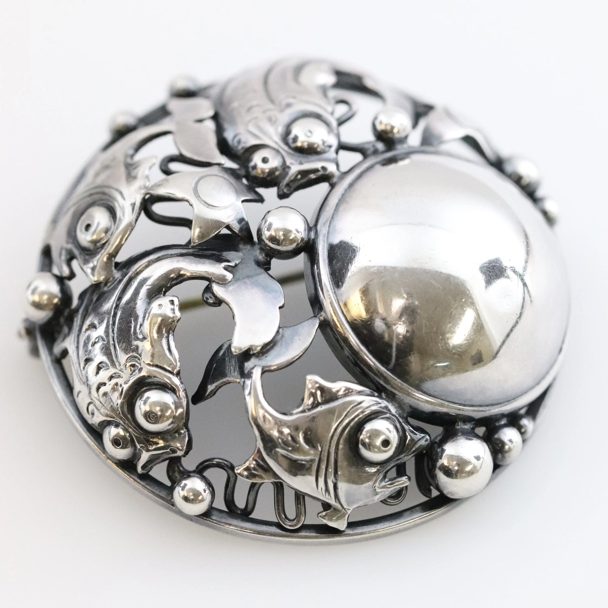 SOLD OUT: Vintage N E From Jewelry | Niels Erik Round Cabochon Fish Brooch - Carmel Fine Silver Jewelry