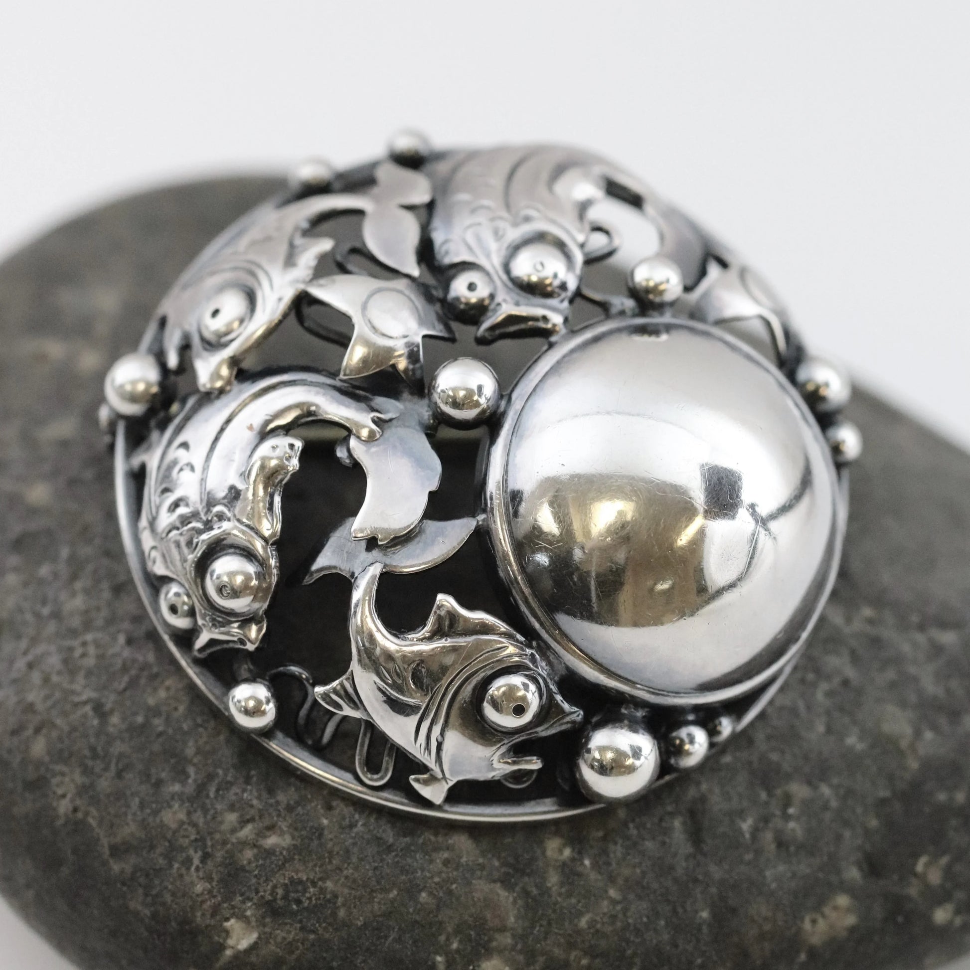 SOLD OUT: Vintage N E From Jewelry | Niels Erik Round Cabochon Fish Brooch - Carmel Fine Silver Jewelry