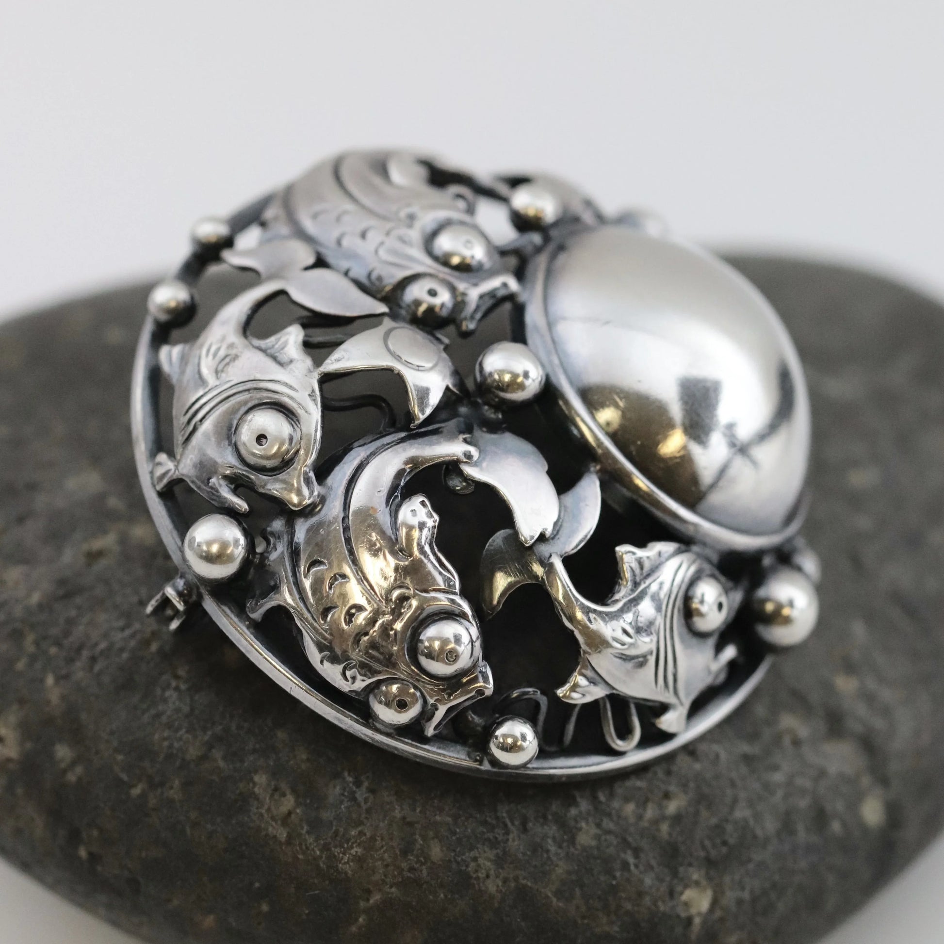 SOLD OUT: Vintage N E From Jewelry | Niels Erik Round Cabochon Fish Brooch - Carmel Fine Silver Jewelry