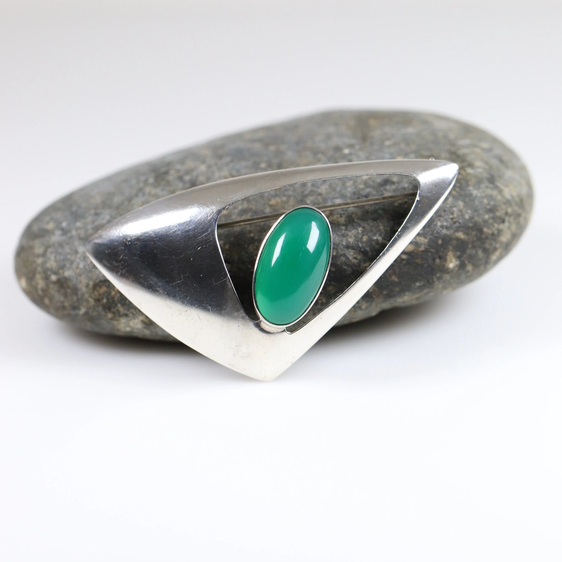 SOLD OUT: Vintage NE From Sterling Silver Jewelry | Chrysoprase Modernist Brooch Denmark - Carmel Fine Silver Jewelry