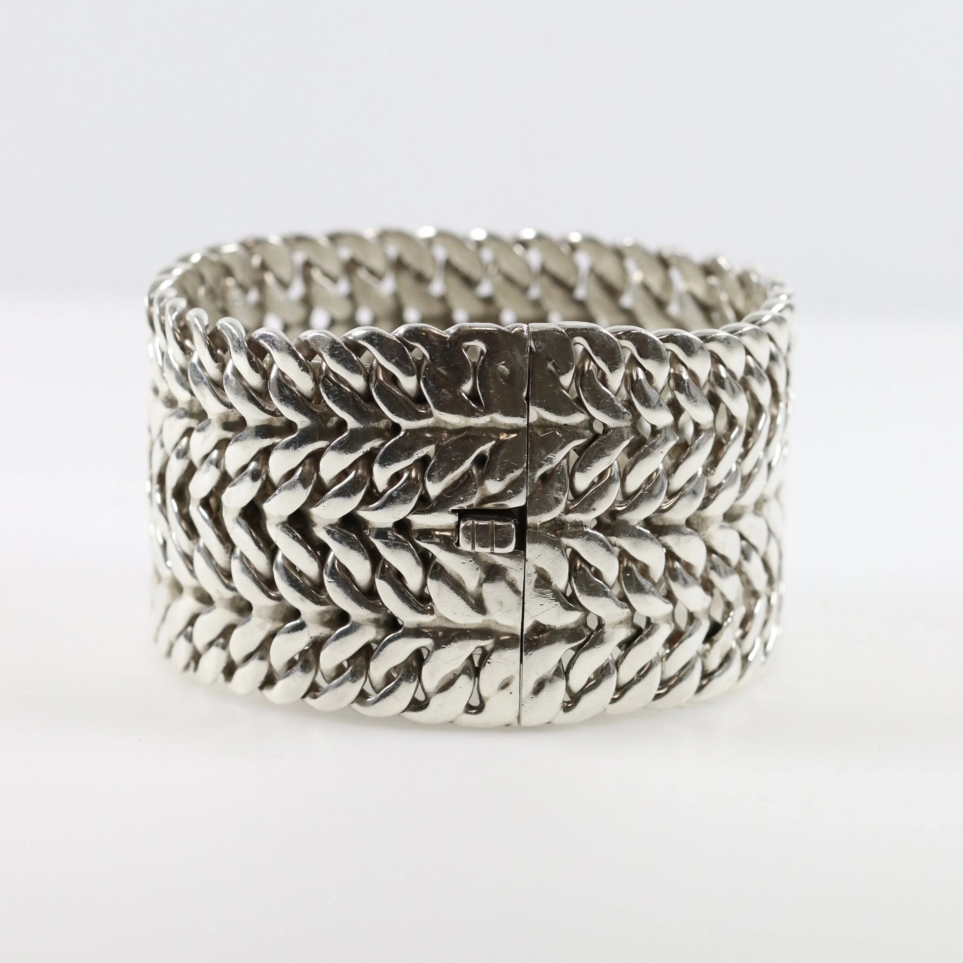 SOLD OUT: Vintage Rodolfo Espinoza Taxco Silver Mexican Jewelry | Mid-Century Wide Double Curb Bracelet - Carmel Fine Silver Jewelry