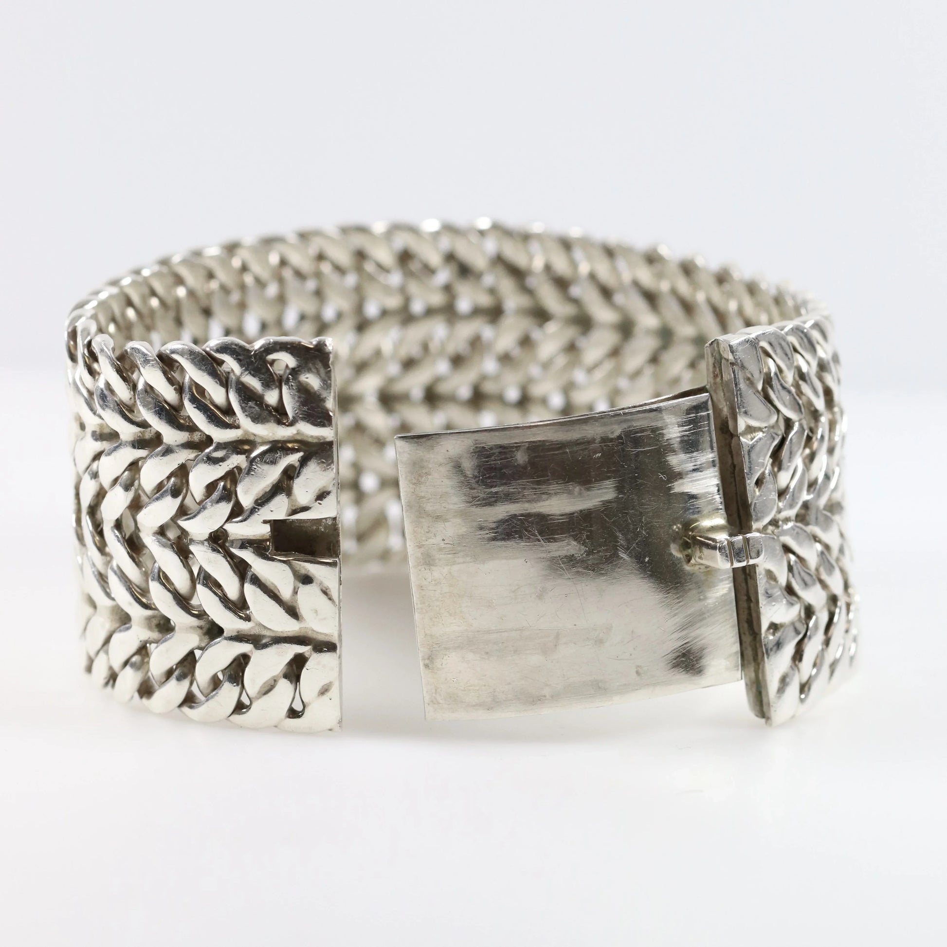 SOLD OUT: Vintage Rodolfo Espinoza Taxco Silver Mexican Jewelry | Mid-Century Wide Double Curb Bracelet - Carmel Fine Silver Jewelry