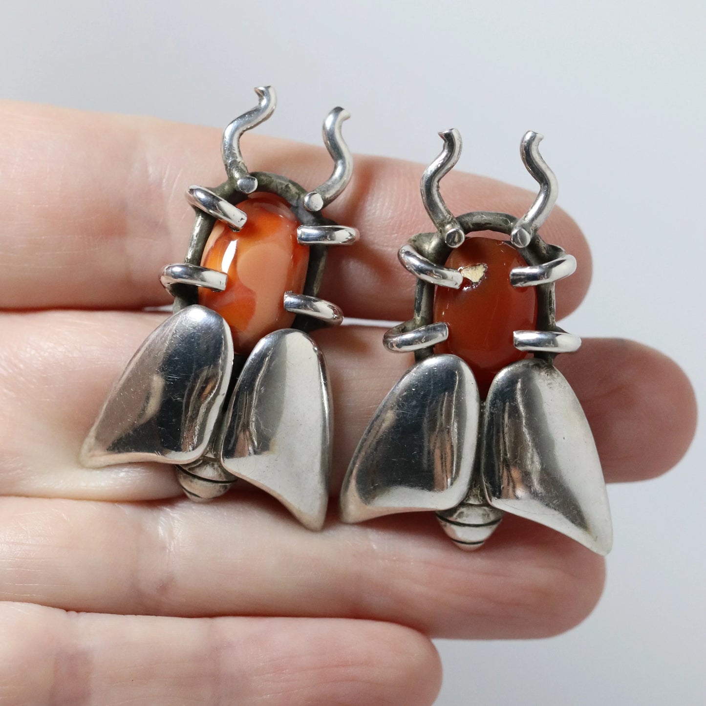 SOLD OUT: Vintage Salvador Teran Jewelry | Chunky Bee Cufflinks with Orange Stone 138 Mexico - Carmel Fine Silver Jewelry