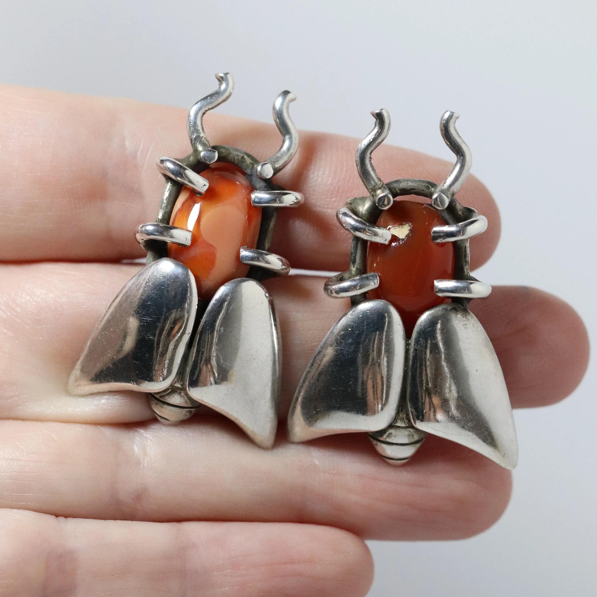 SOLD OUT: Vintage Salvador Teran Jewelry | Chunky Bee Cufflinks with Orange Stone 138 Mexico - Carmel Fine Silver Jewelry