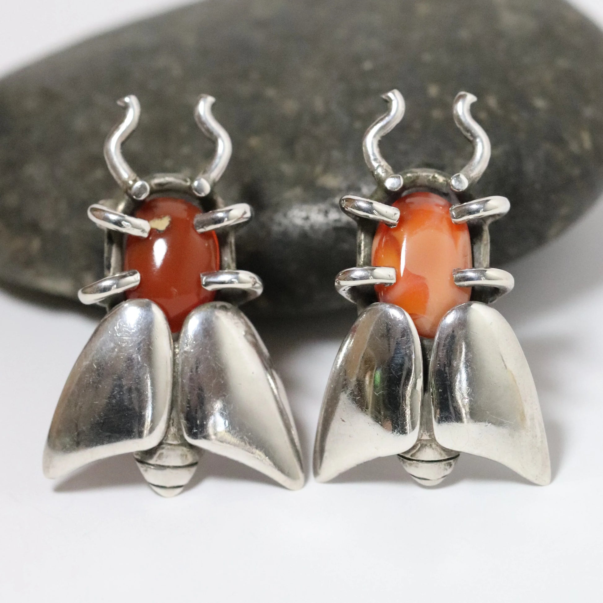 SOLD OUT: Vintage Salvador Teran Jewelry | Chunky Bee Cufflinks with Orange Stone 138 Mexico - Carmel Fine Silver Jewelry