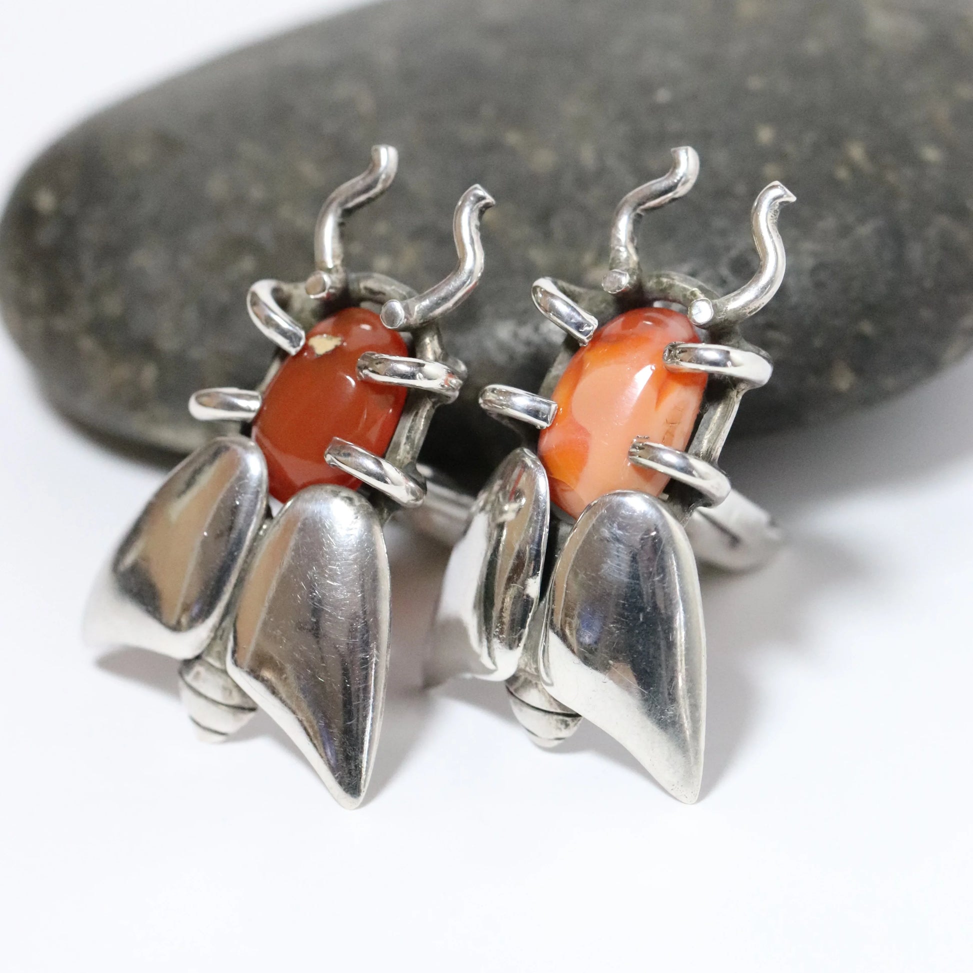 SOLD OUT: Vintage Salvador Teran Jewelry | Chunky Bee Cufflinks with Orange Stone 138 Mexico - Carmel Fine Silver Jewelry