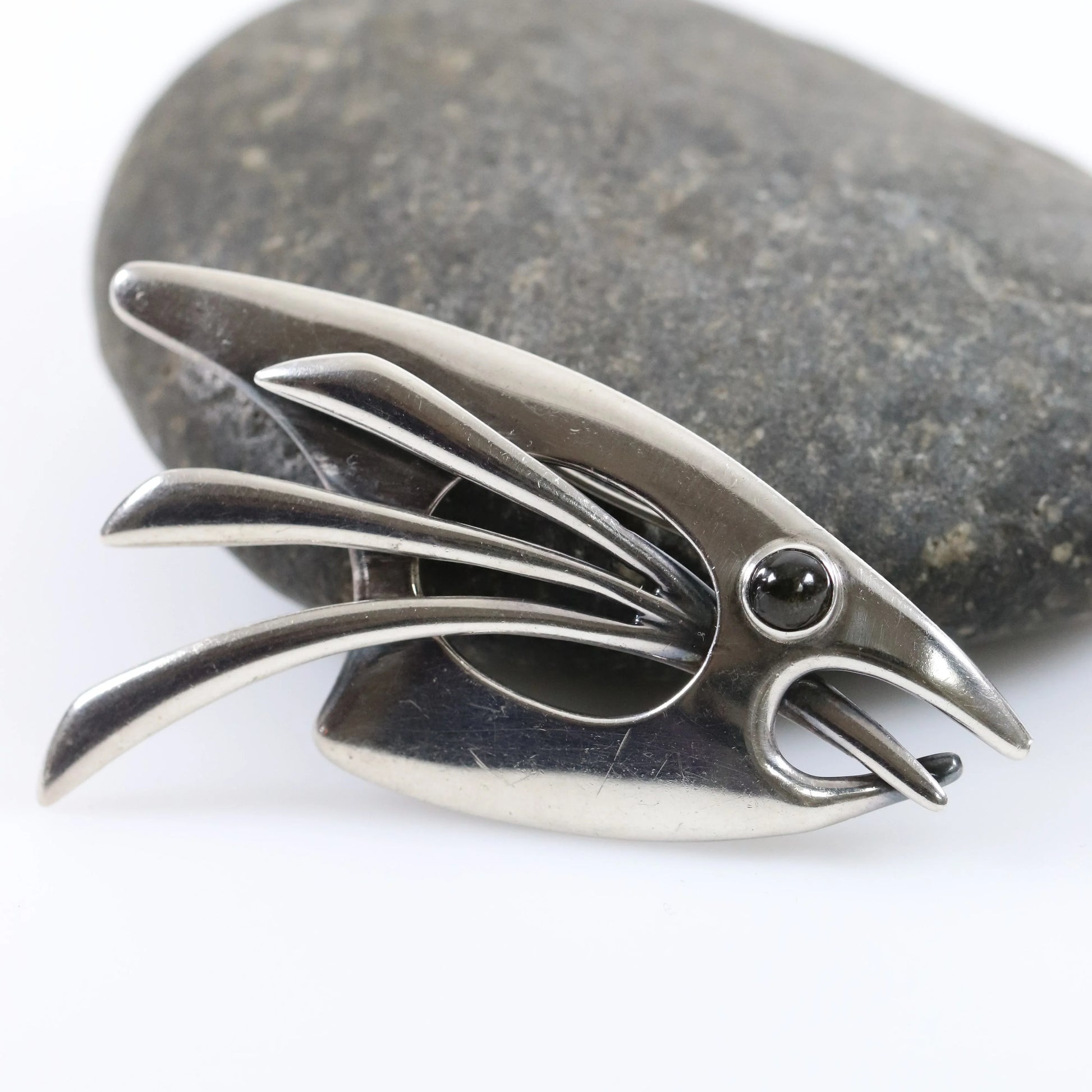 SOLD OUT: Vintage Sigi Pineda Taxco Jewelry | Abstract Obsidian Fish Brooch - Carmel Fine Silver Jewelry