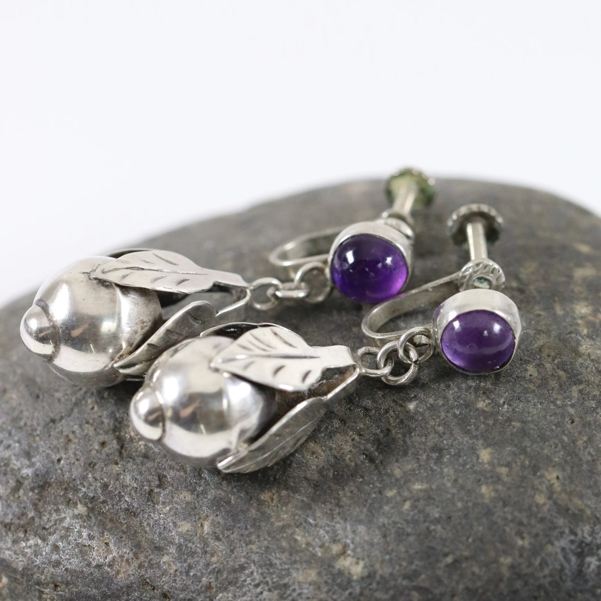 SOLD OUT: Vintage Silver Mexican Jewelry | Early Amethyst Handcrafted Earrings - Carmel Fine Silver Jewelry