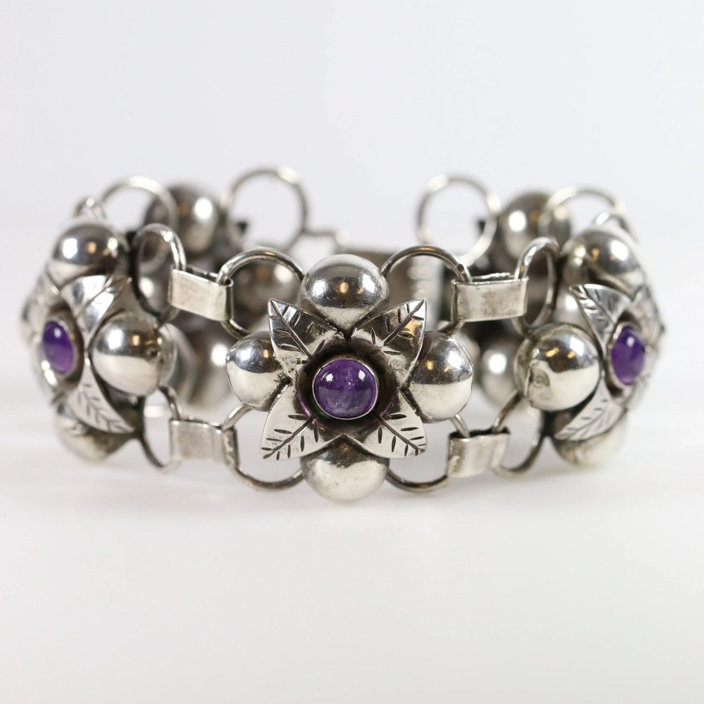 SOLD OUT: Vintage Silver Mexican Jewelry | Old Floral Amethyst Linked Bracelet - Carmel Fine Silver Jewelry