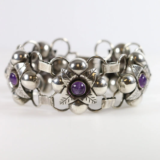 SOLD OUT: Vintage Silver Mexican Jewelry | Old Floral Amethyst Linked Bracelet - Carmel Fine Silver Jewelry