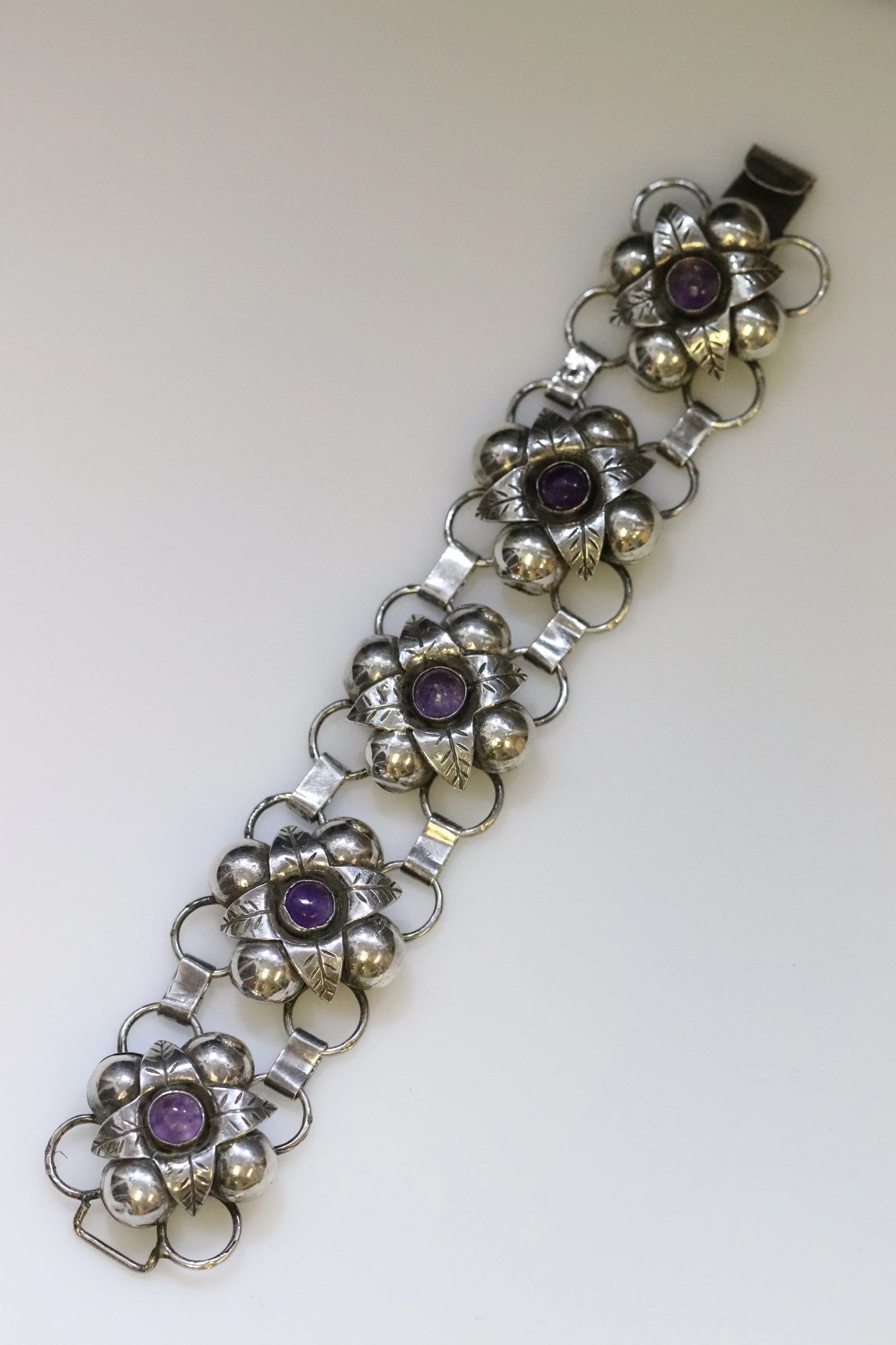 SOLD OUT: Vintage Silver Mexican Jewelry | Old Floral Amethyst Linked Bracelet - Carmel Fine Silver Jewelry