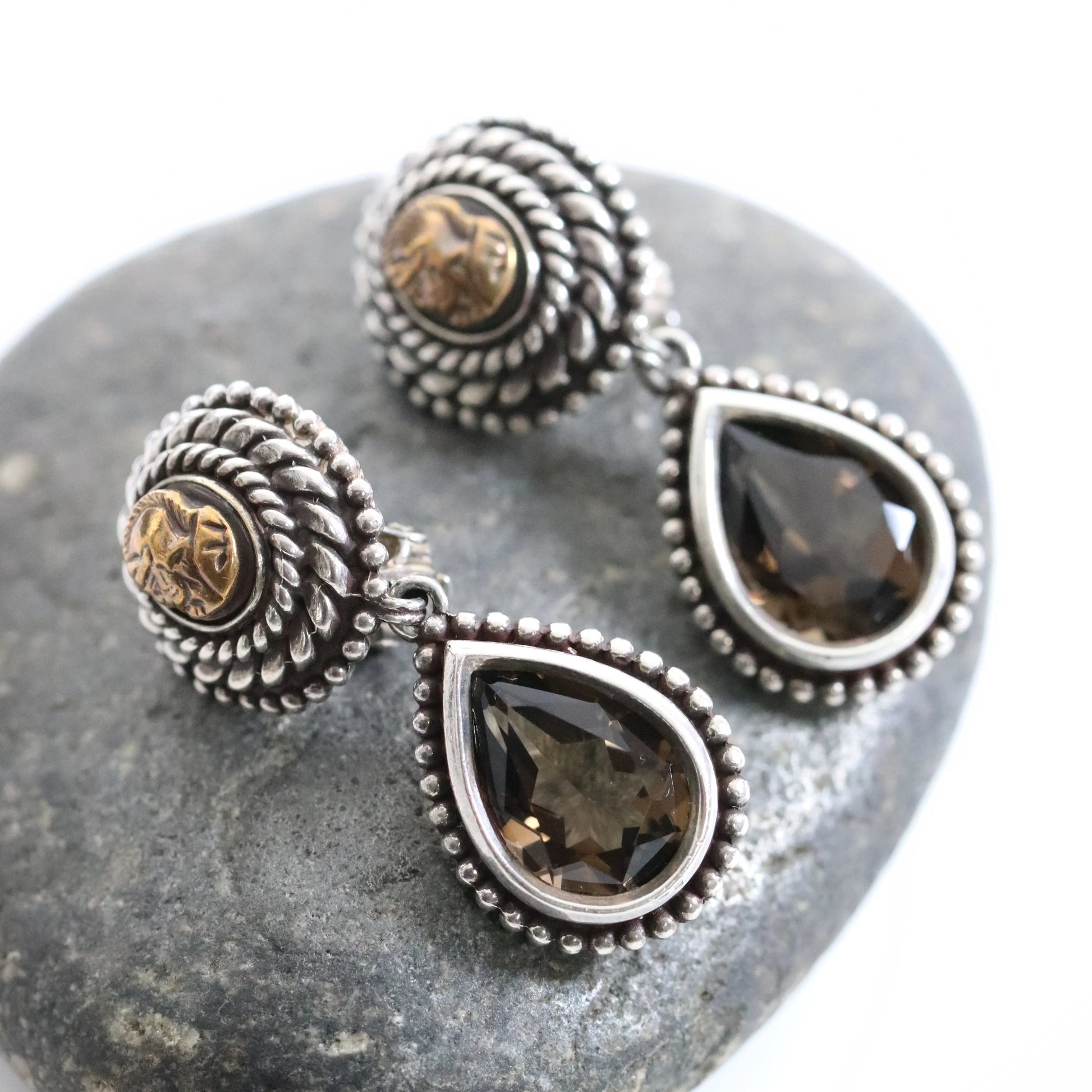 SOLD OUT: Vintage Stephen Dweck Jewelry | Bronze Warrior Smoky Quartz Earrings - Carmel Fine Silver Jewelry