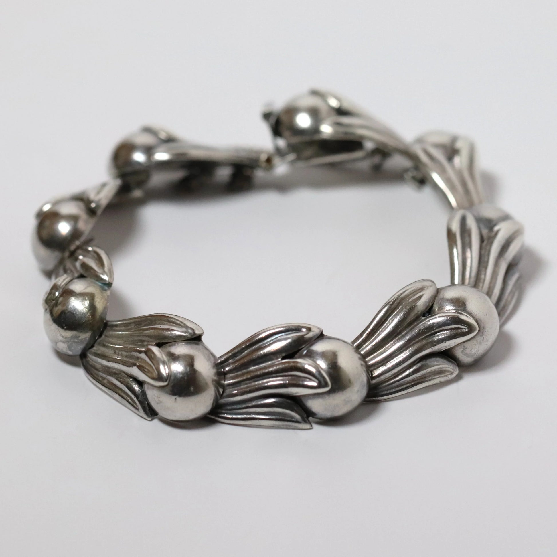 SOLD OUT: Vintage Taxco Los Castillo Jewelry | Silver Cabochon Tulip Panel Bracelet - Carmel Fine Silver Jewelry