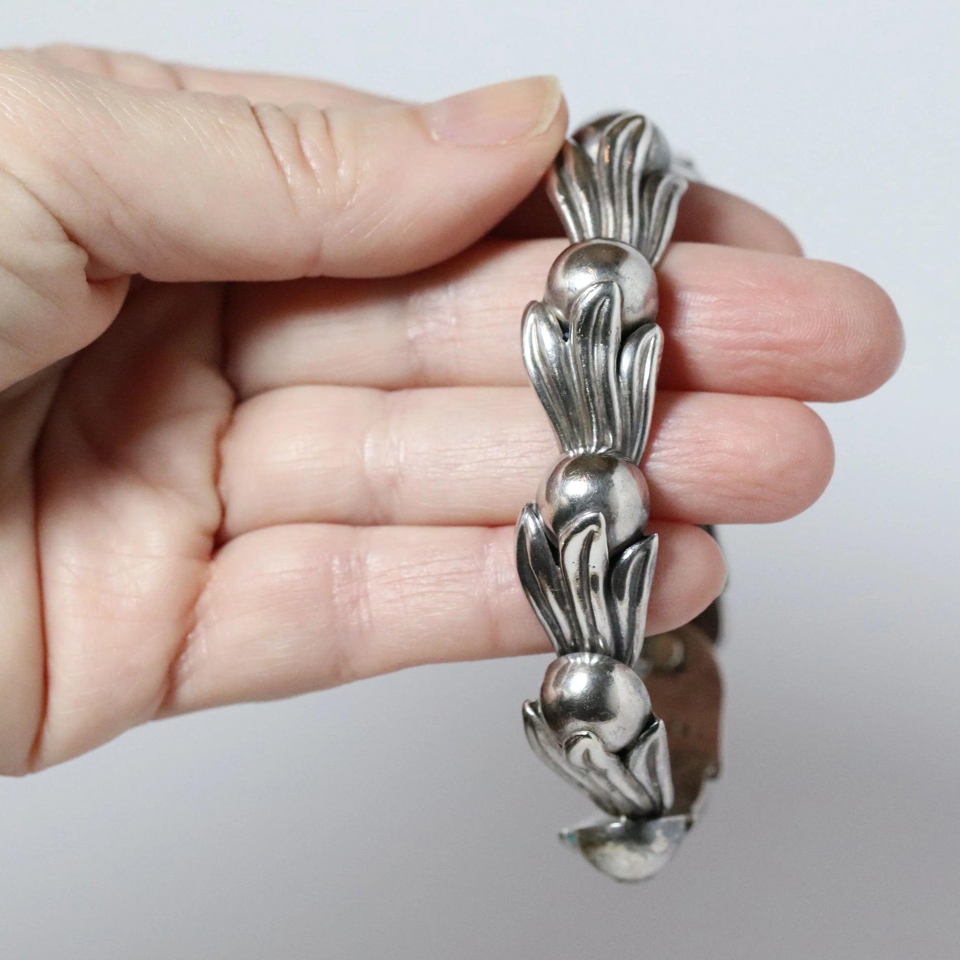 SOLD OUT: Vintage Taxco Los Castillo Jewelry | Silver Cabochon Tulip Panel Bracelet - Carmel Fine Silver Jewelry