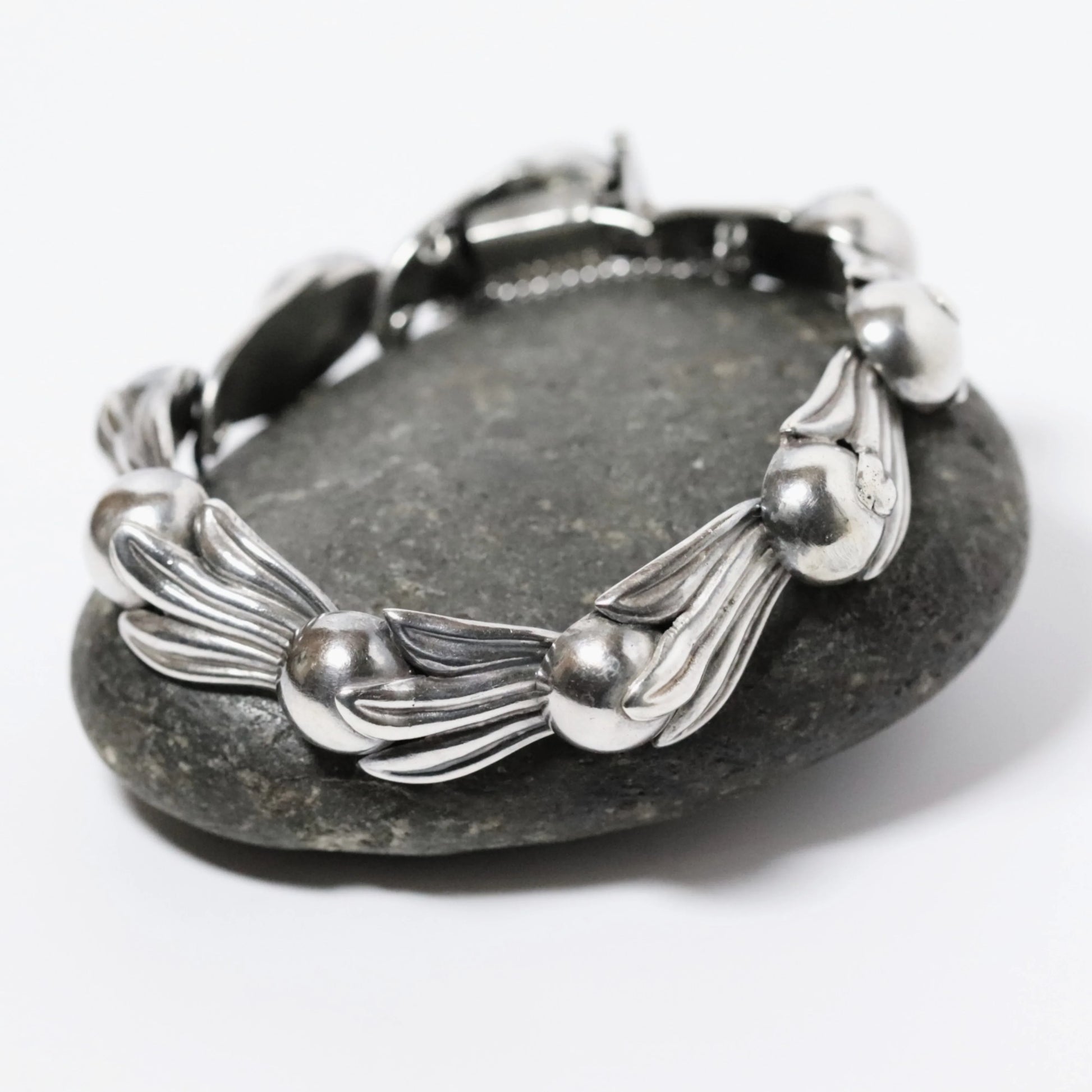 SOLD OUT: Vintage Taxco Los Castillo Jewelry | Silver Cabochon Tulip Panel Bracelet - Carmel Fine Silver Jewelry
