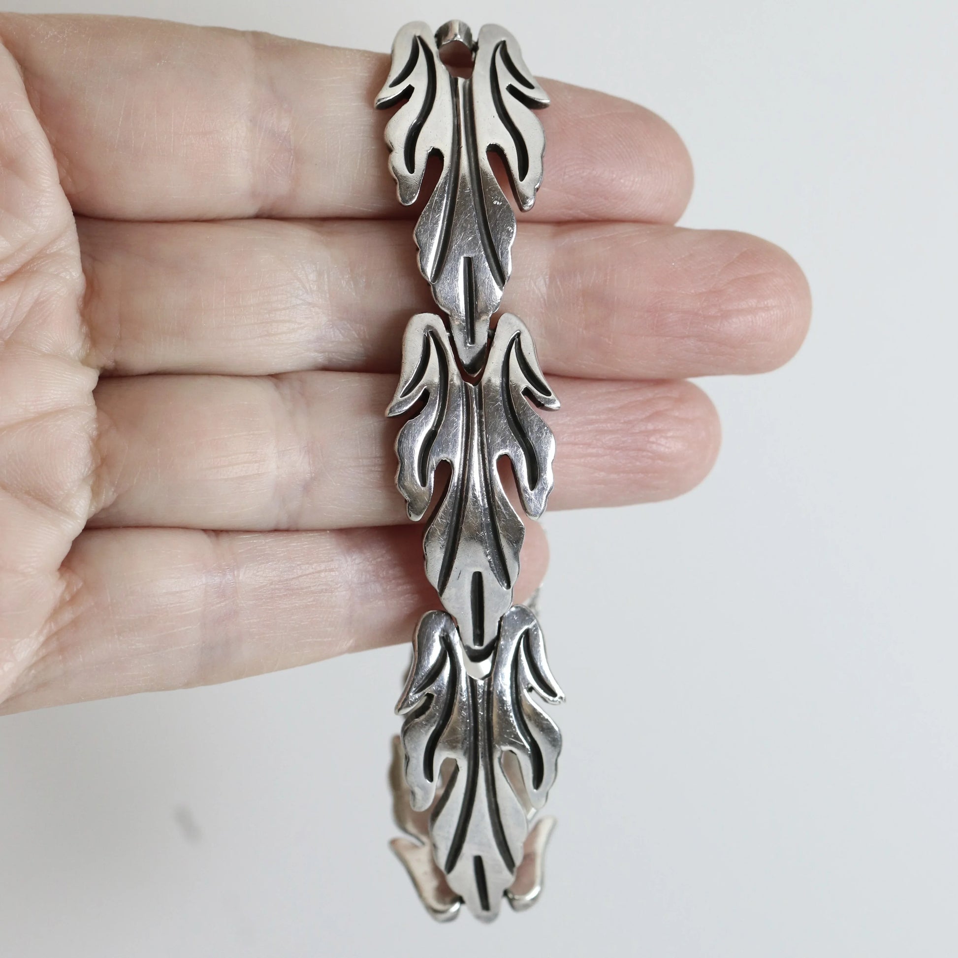 SOLD OUT: Vintage Taxco Silver Jewelry | J. Flores Foliate Panel Bracelet - Carmel Fine Silver Jewelry