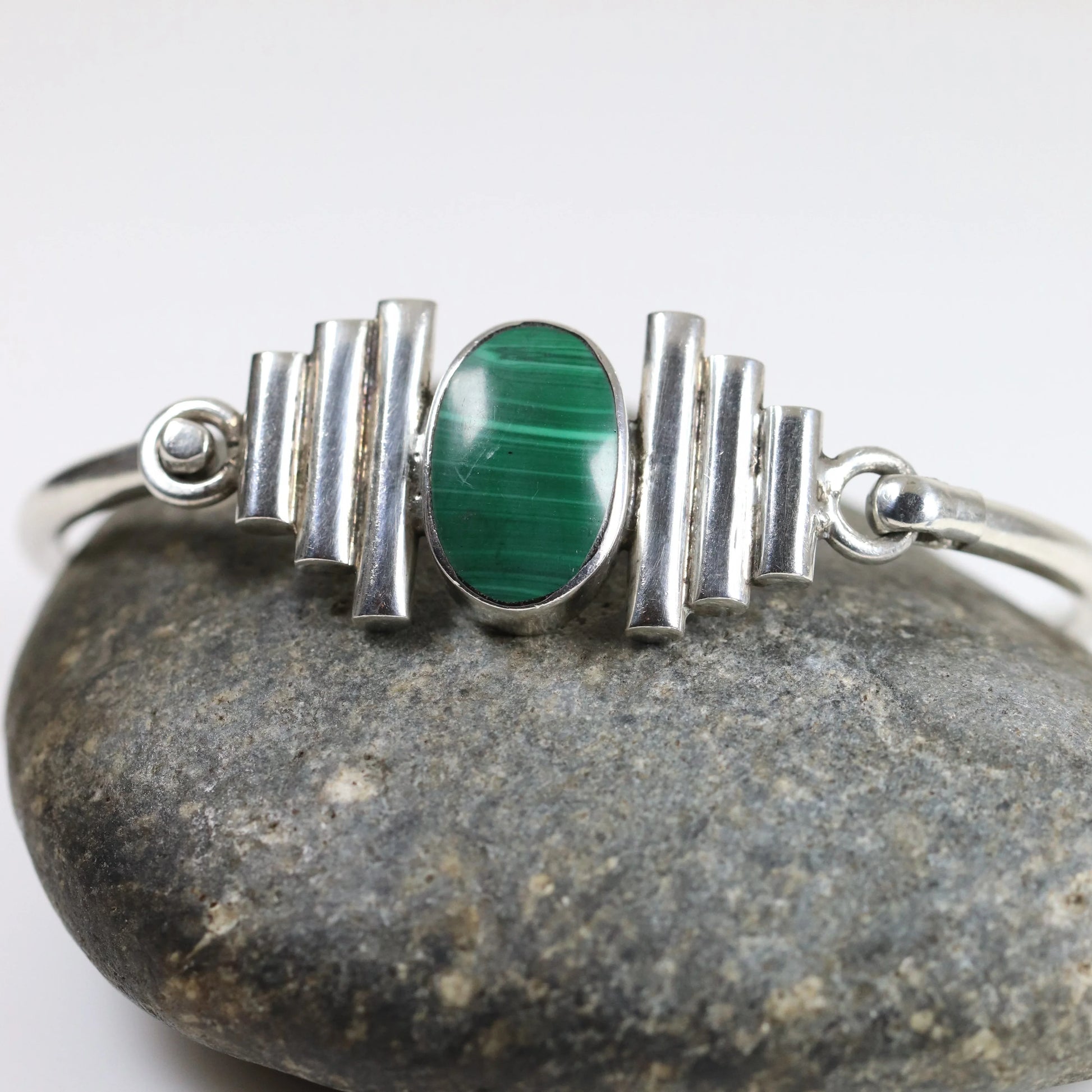 SOLD OUT: Vintage Taxco Silver Mexican Jewelry | Malachite Modernist Bracelet - Carmel Fine Silver Jewelry