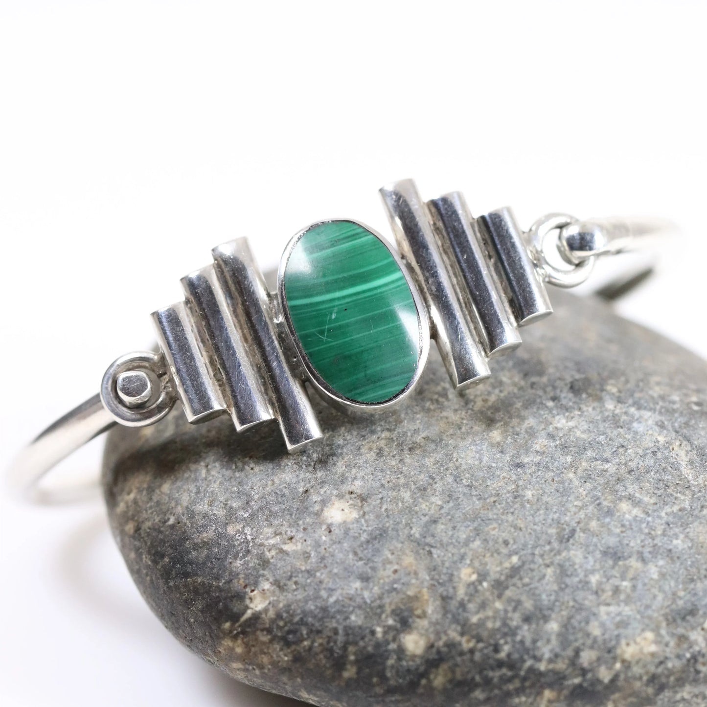 SOLD OUT: Vintage Taxco Silver Mexican Jewelry | Malachite Modernist Bracelet - Carmel Fine Silver Jewelry