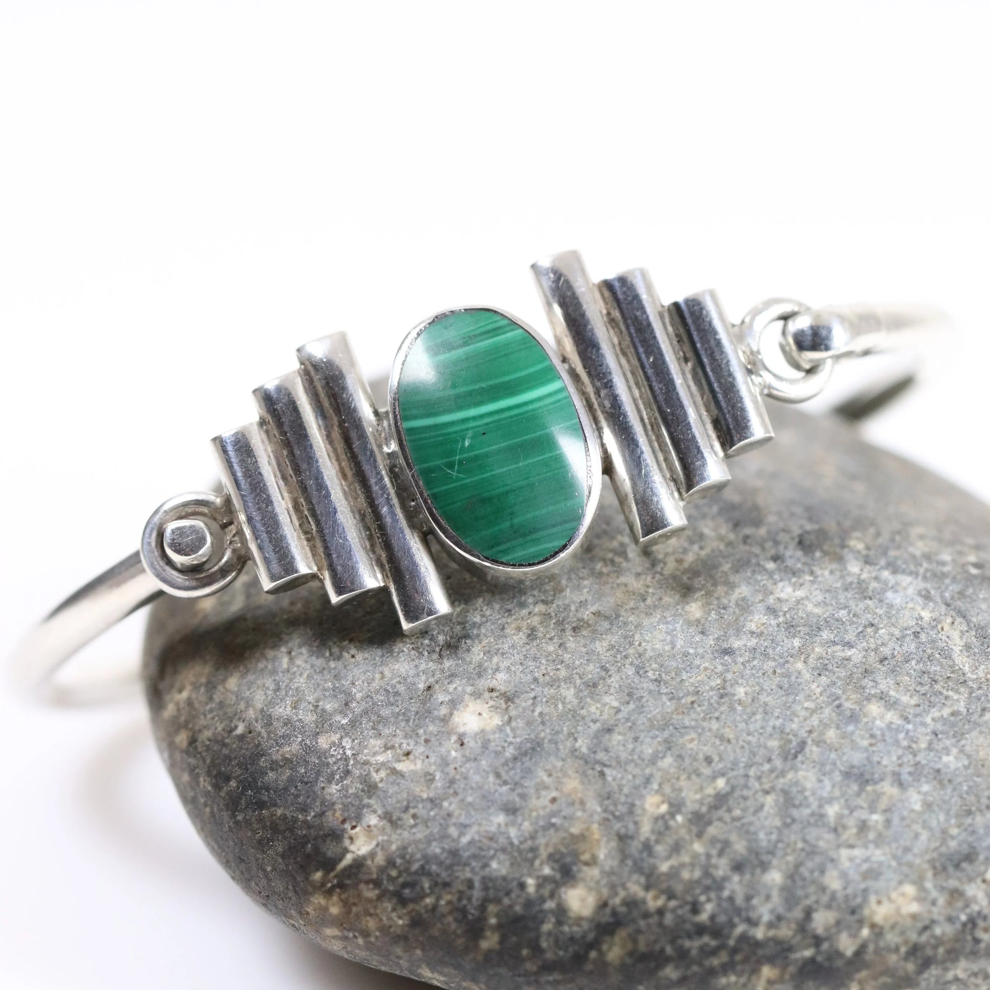 SOLD OUT: Vintage Taxco Silver Mexican Jewelry | Malachite Modernist Bracelet - Carmel Fine Silver Jewelry