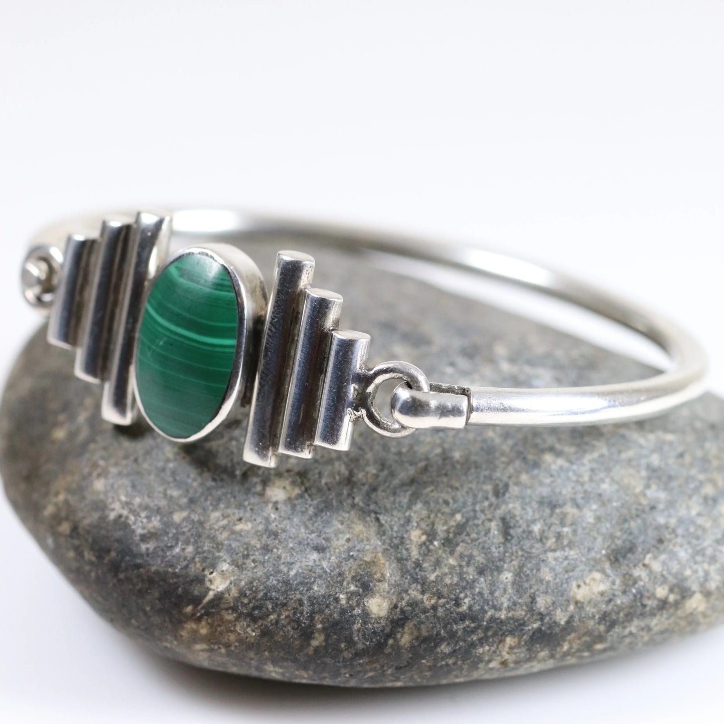 SOLD OUT: Vintage Taxco Silver Mexican Jewelry | Malachite Modernist Bracelet - Carmel Fine Silver Jewelry