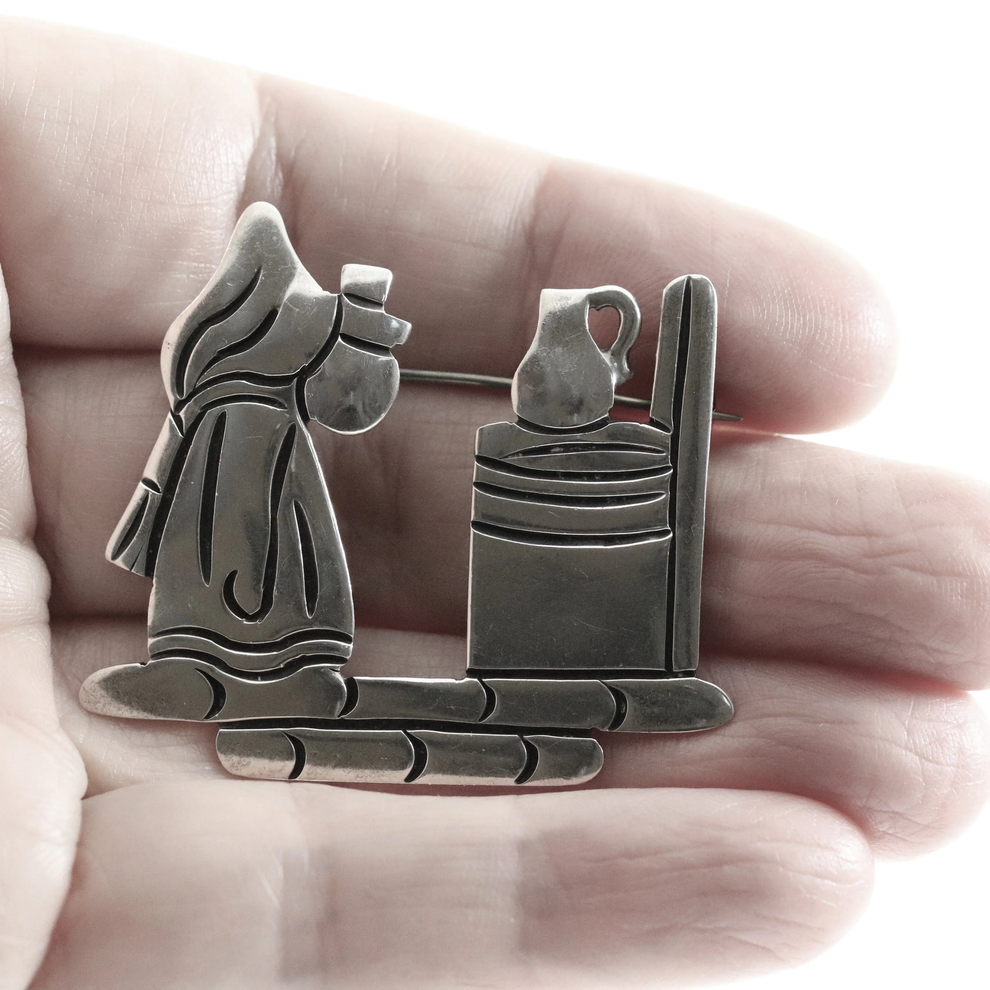 SOLD OUT: Vintage Taxco Silver Mexican Jewelry | Maricela Traditional Woman and Jug Brooch - Carmel Fine Silver Jewelry