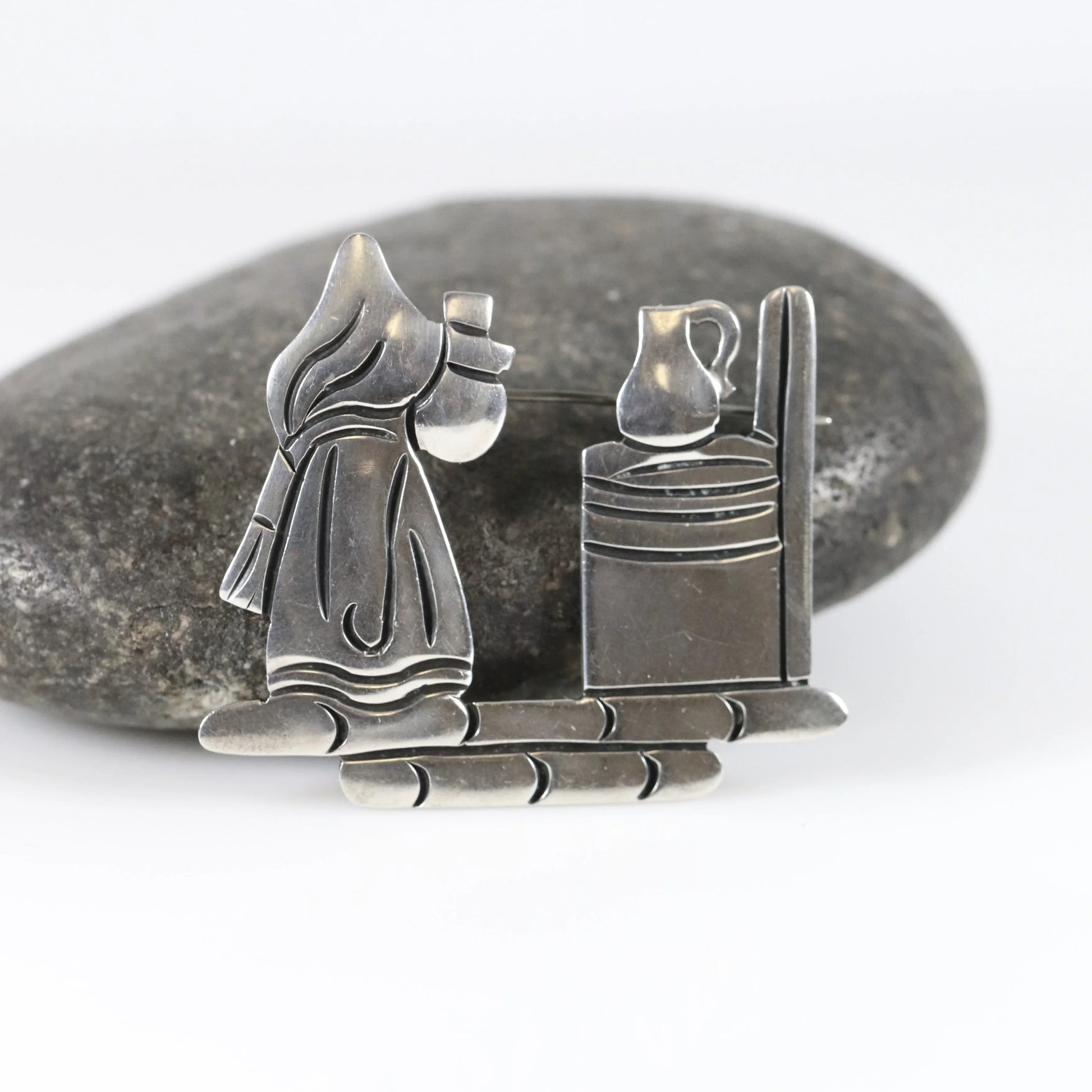 SOLD OUT: Vintage Taxco Silver Mexican Jewelry | Maricela Traditional Woman and Jug Brooch - Carmel Fine Silver Jewelry