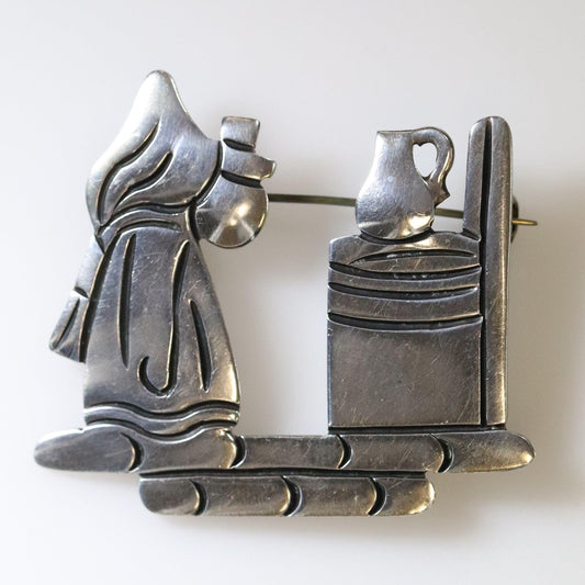 SOLD OUT: Vintage Taxco Silver Mexican Jewelry | Maricela Traditional Woman and Jug Brooch - Carmel FSJ