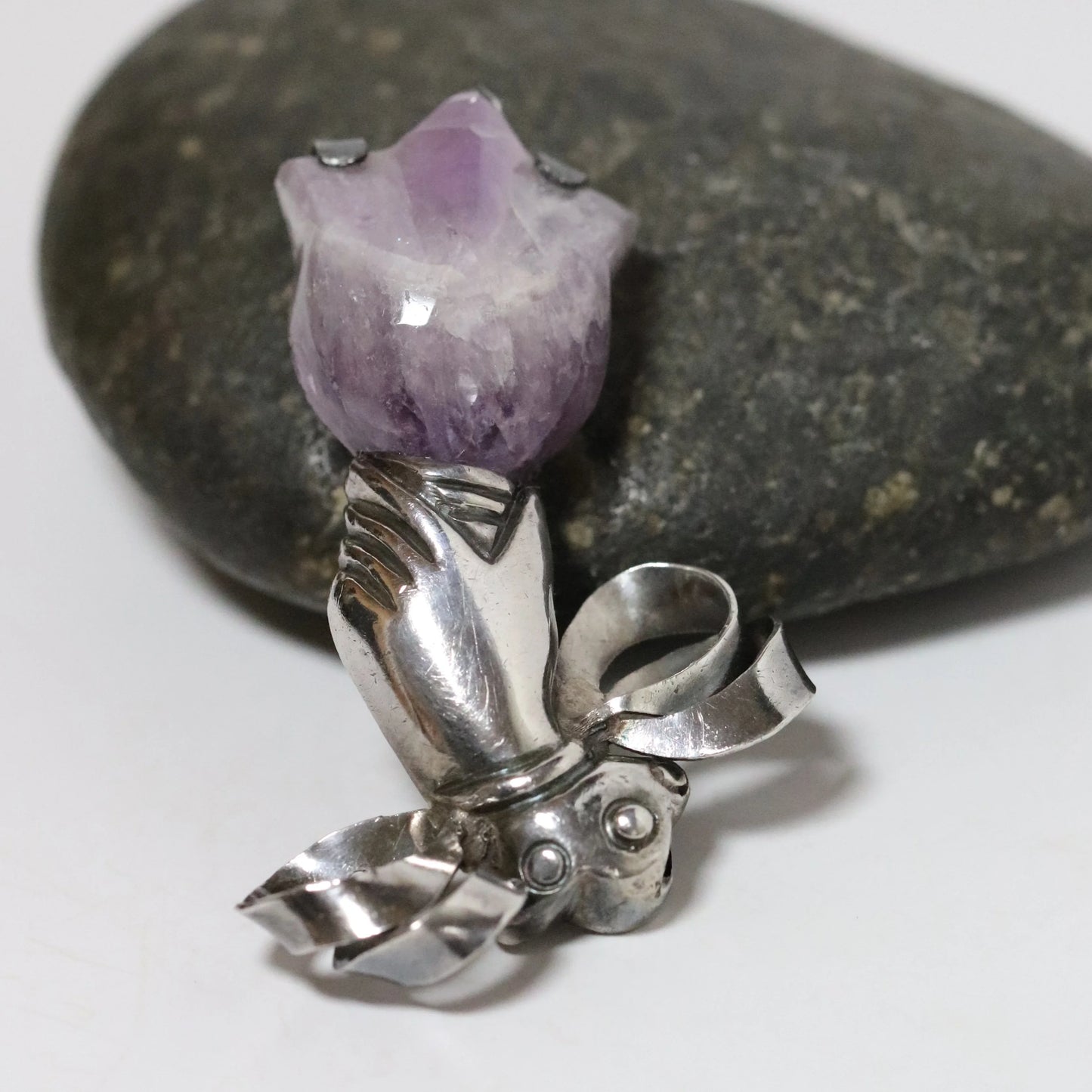 SOLD OUT: Vintage William Spratling Jewelry | Amethyst Hand Brooch Taxco Mexico - Carmel Fine Silver Jewelry