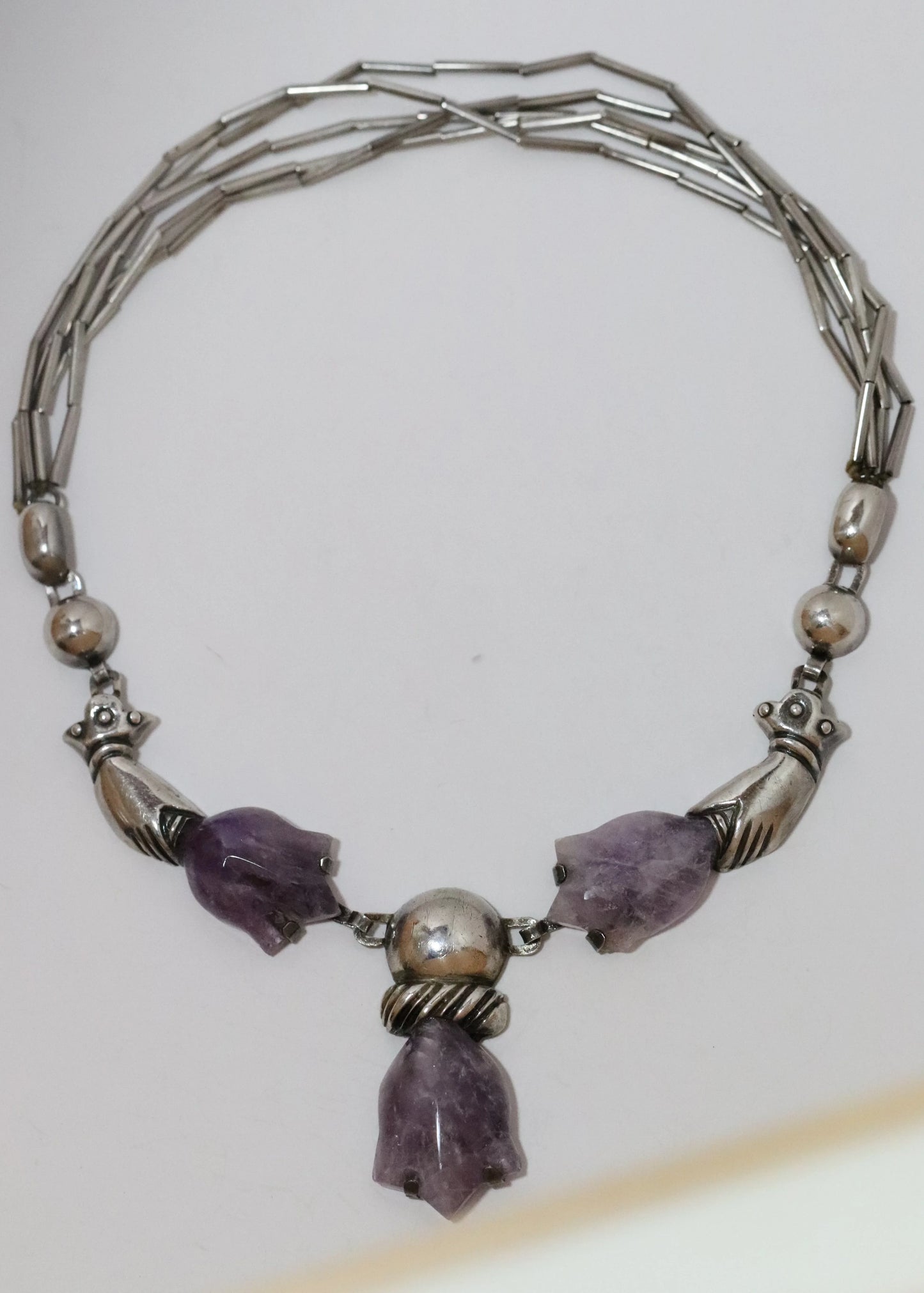 SOLD OUT: Vintage William Spratling Jewelry | Floral Amethyst Hand Necklace Mexico - Carmel Fine Silver Jewelry