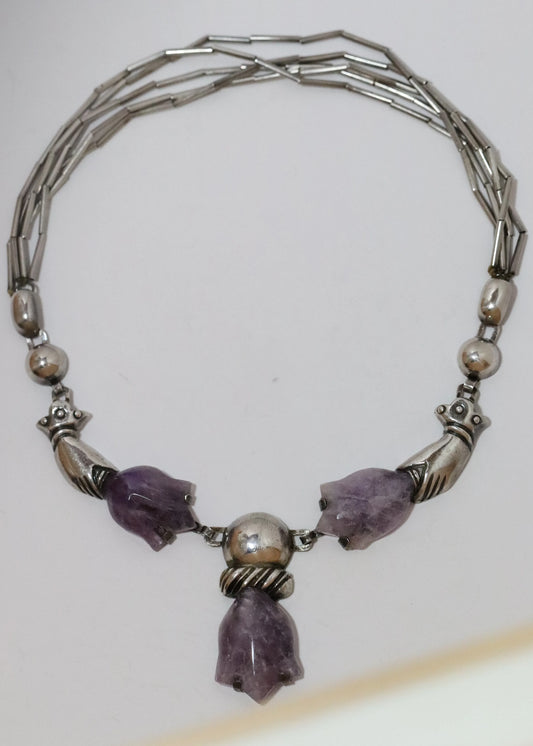 SOLD OUT: Vintage William Spratling Jewelry | Floral Amethyst Hand Necklace Mexico - Carmel Fine Silver Jewelry
