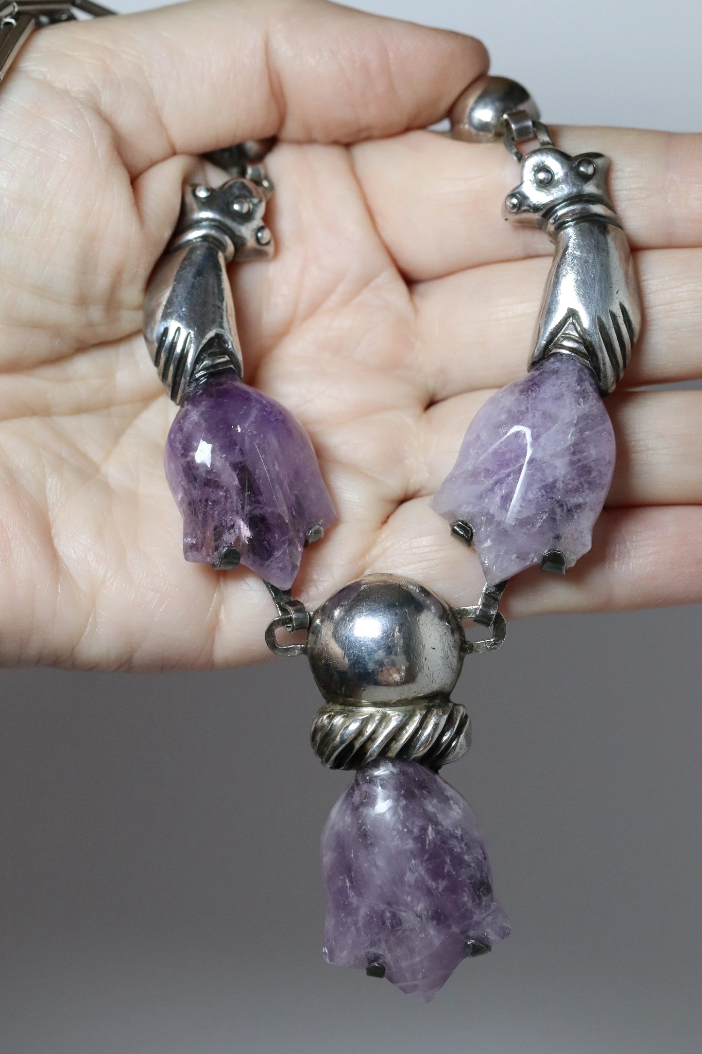 SOLD OUT: Vintage William Spratling Jewelry | Floral Amethyst Hand Necklace Mexico - Carmel Fine Silver Jewelry