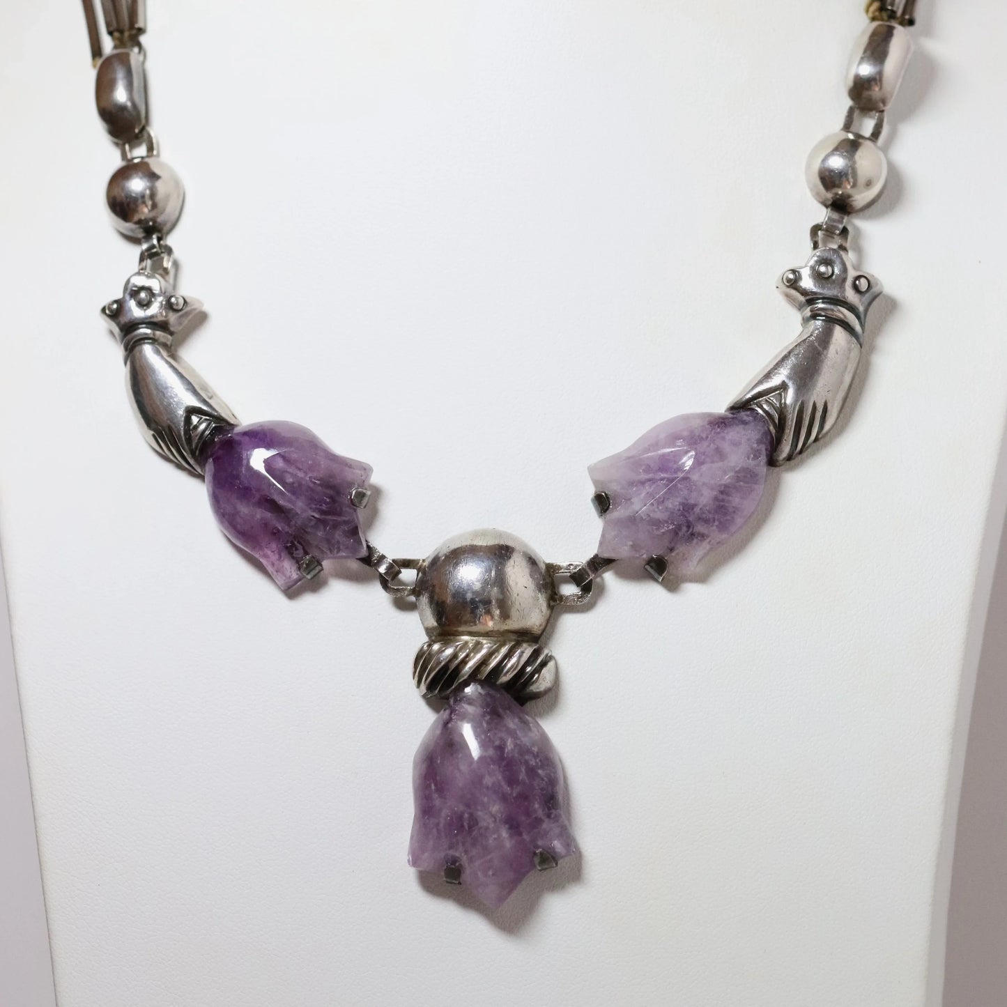 SOLD OUT: Vintage William Spratling Jewelry | Floral Amethyst Hand Necklace Mexico - Carmel Fine Silver Jewelry
