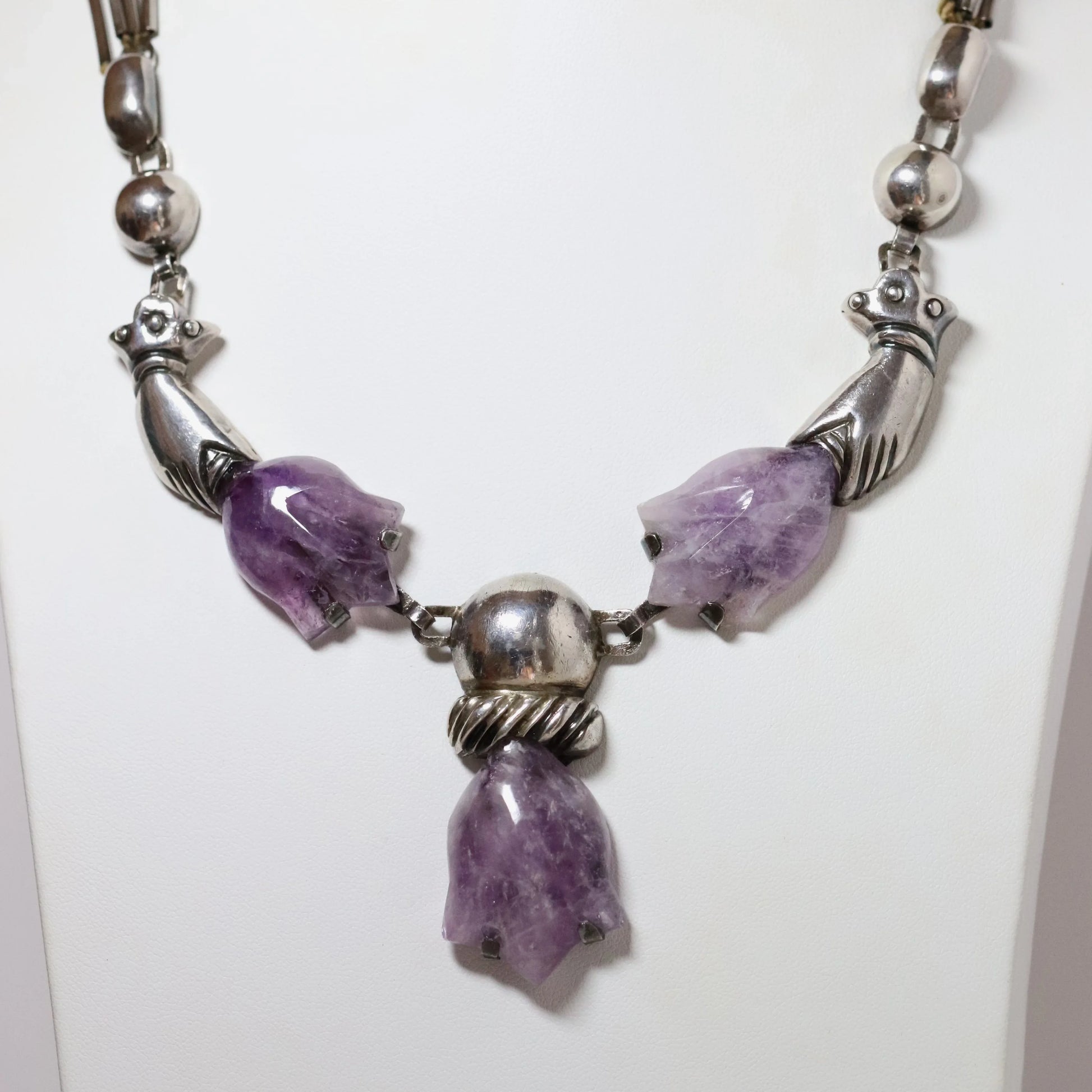 SOLD OUT: Vintage William Spratling Jewelry | Floral Amethyst Hand Necklace Mexico - Carmel Fine Silver Jewelry