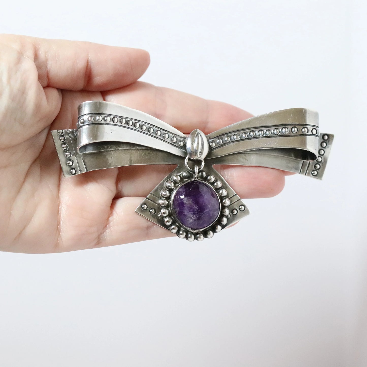 SOLD OUT: Vintage William Spratling Jewelry | Large Amethyst Bow Brooch Mexico - Carmel Fine Silver Jewelry
