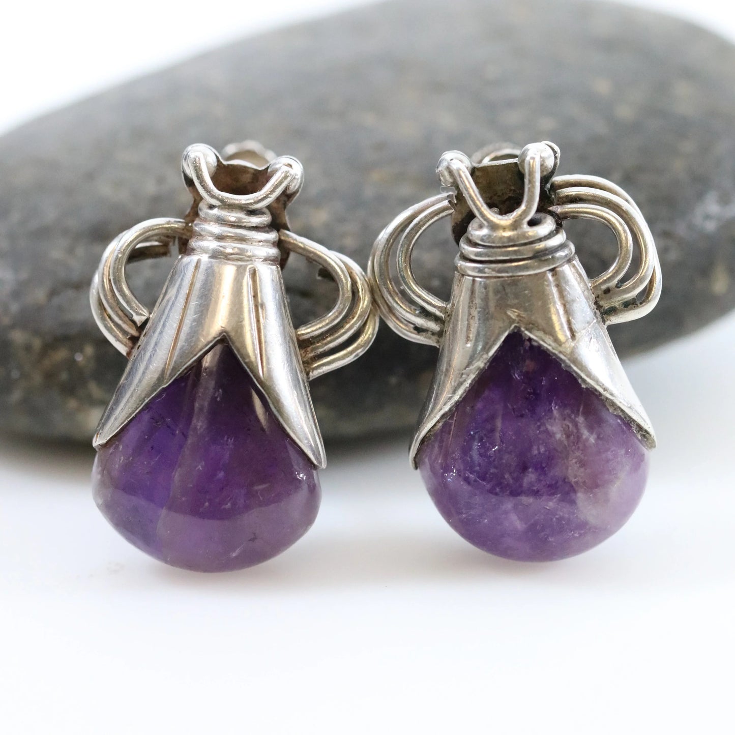 SOLD OUT: Vintage William Spratling Taxco Silver Mexican Jewelry | Mid-Century Modernist Amethyst Drop Earrings - Carmel Fine Silver Jewelry
