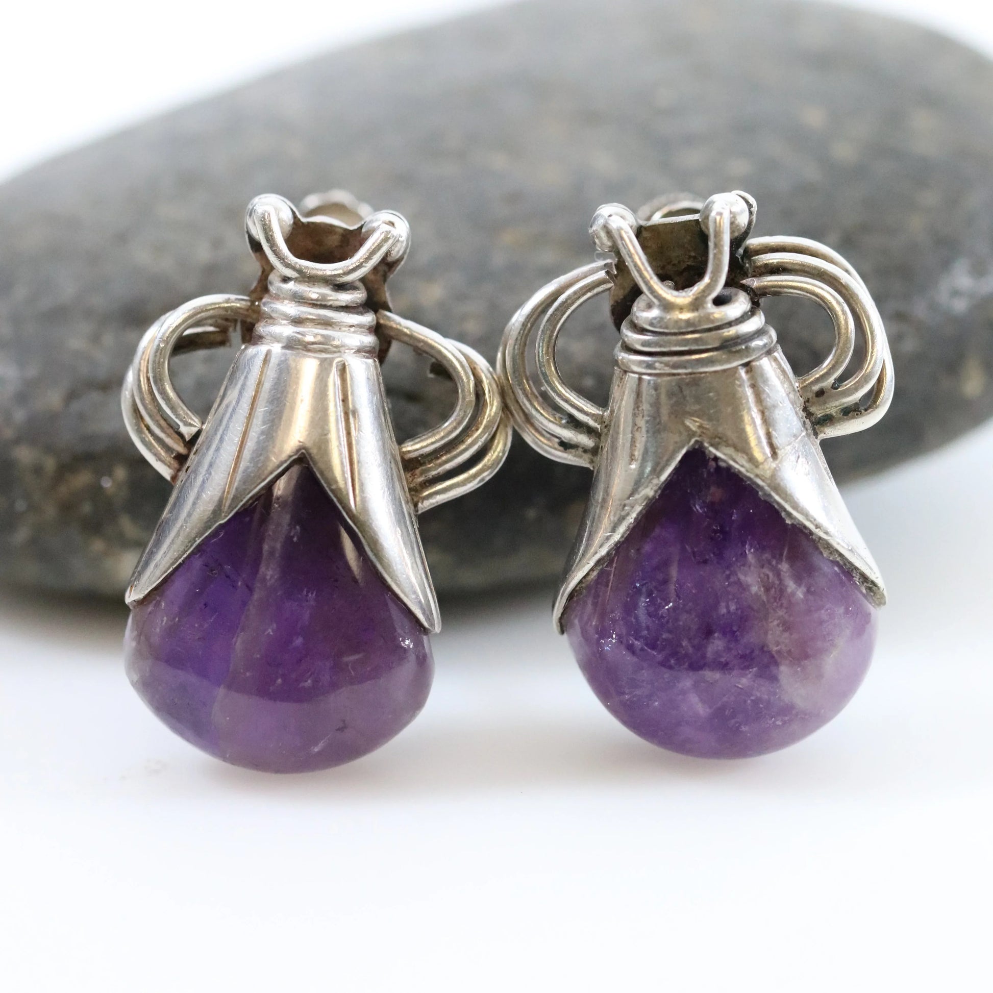 SOLD OUT: Vintage William Spratling Taxco Silver Mexican Jewelry | Mid-Century Modernist Amethyst Drop Earrings - Carmel Fine Silver Jewelry