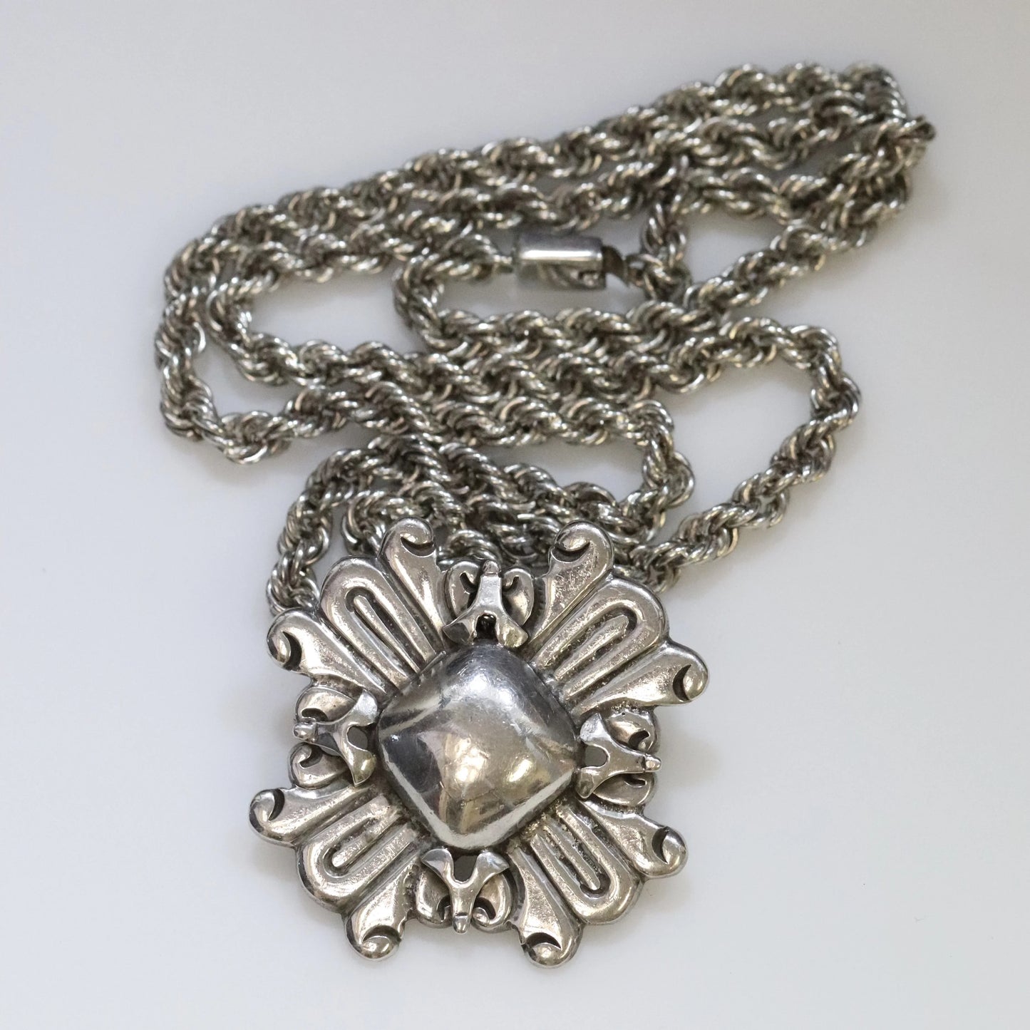 SOLD OUT: William Spratling Sun Pendant with Heavy Mexican Rope Chain Necklace - Carmel Fine Silver Jewelry