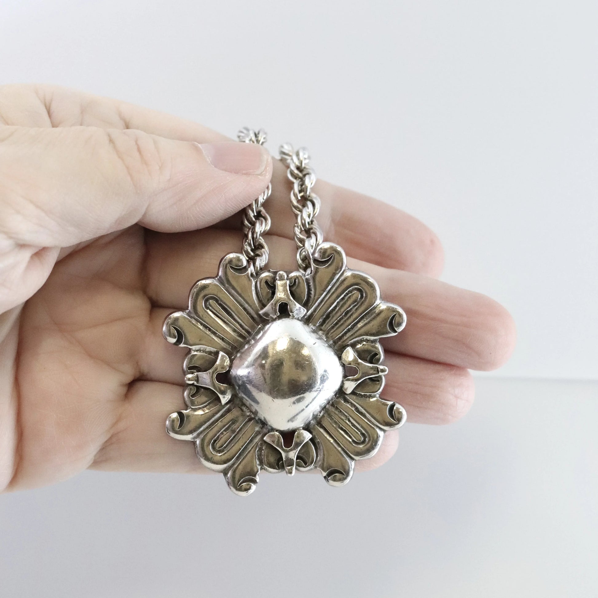 SOLD OUT: William Spratling Sun Pendant with Heavy Mexican Rope Chain Necklace - Carmel Fine Silver Jewelry
