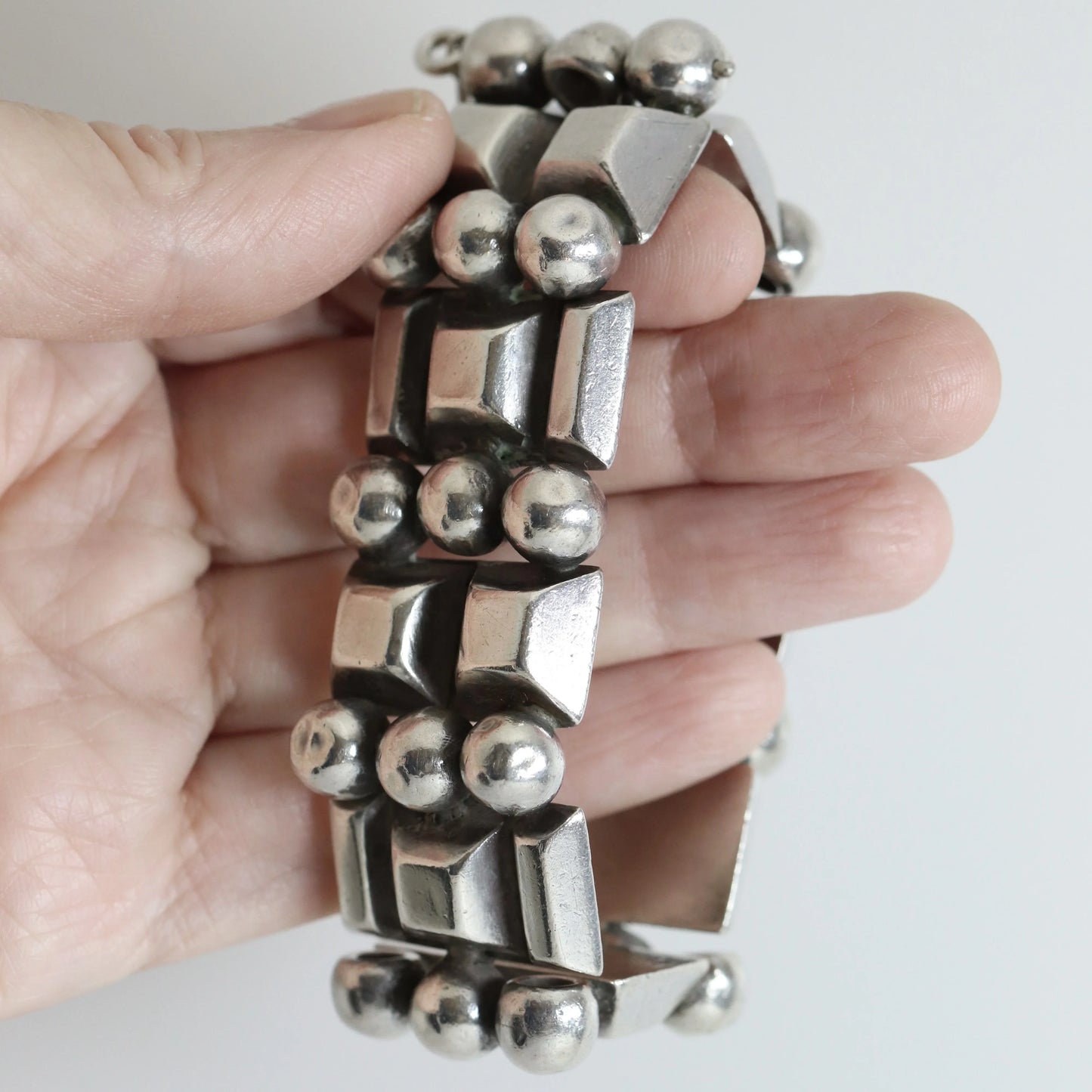 STOCK -- Taxco Hector Aguilar Ball and Bar Panel Bracelet | Vintage 990 Sterling Silver | Signed Mid Century Mexico - Carmel Fine Silver Jewelry