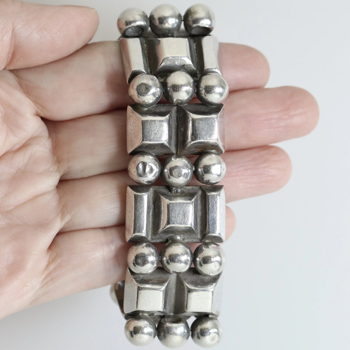 STOCK -- Taxco Hector Aguilar Ball and Bar Panel Bracelet | Vintage 990 Sterling Silver | Signed Mid Century Mexico - Carmel Fine Silver Jewelry