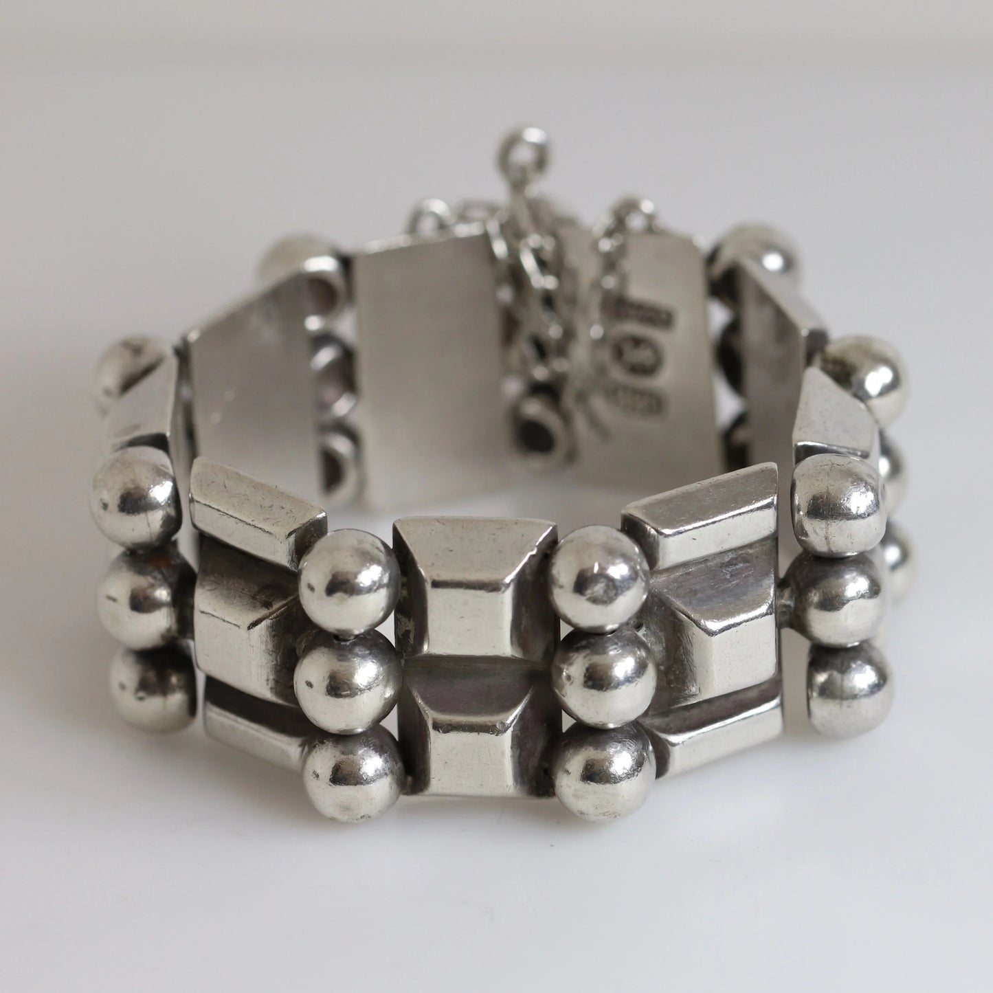 STOCK -- Taxco Hector Aguilar Ball and Bar Panel Bracelet | Vintage 990 Sterling Silver | Signed Mid Century Mexico - Carmel Fine Silver Jewelry
