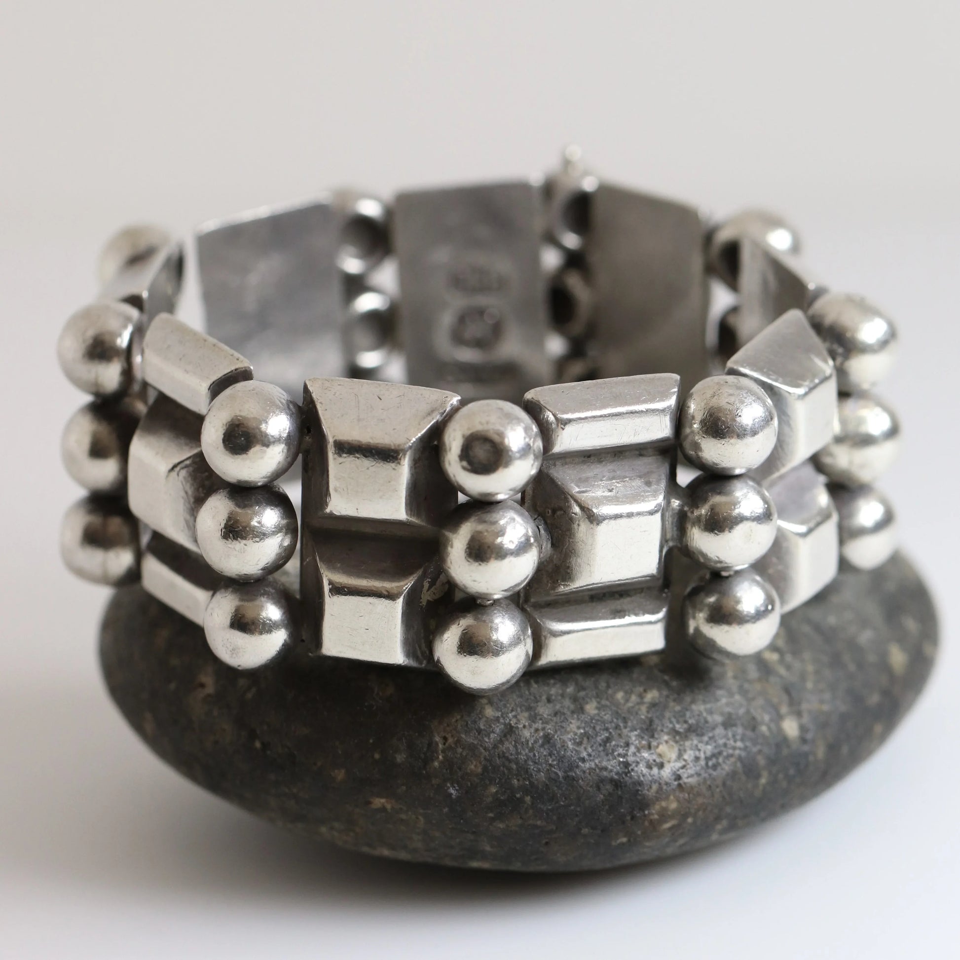 STOCK -- Taxco Hector Aguilar Ball and Bar Panel Bracelet | Vintage 990 Sterling Silver | Signed Mid Century Mexico - Carmel Fine Silver Jewelry