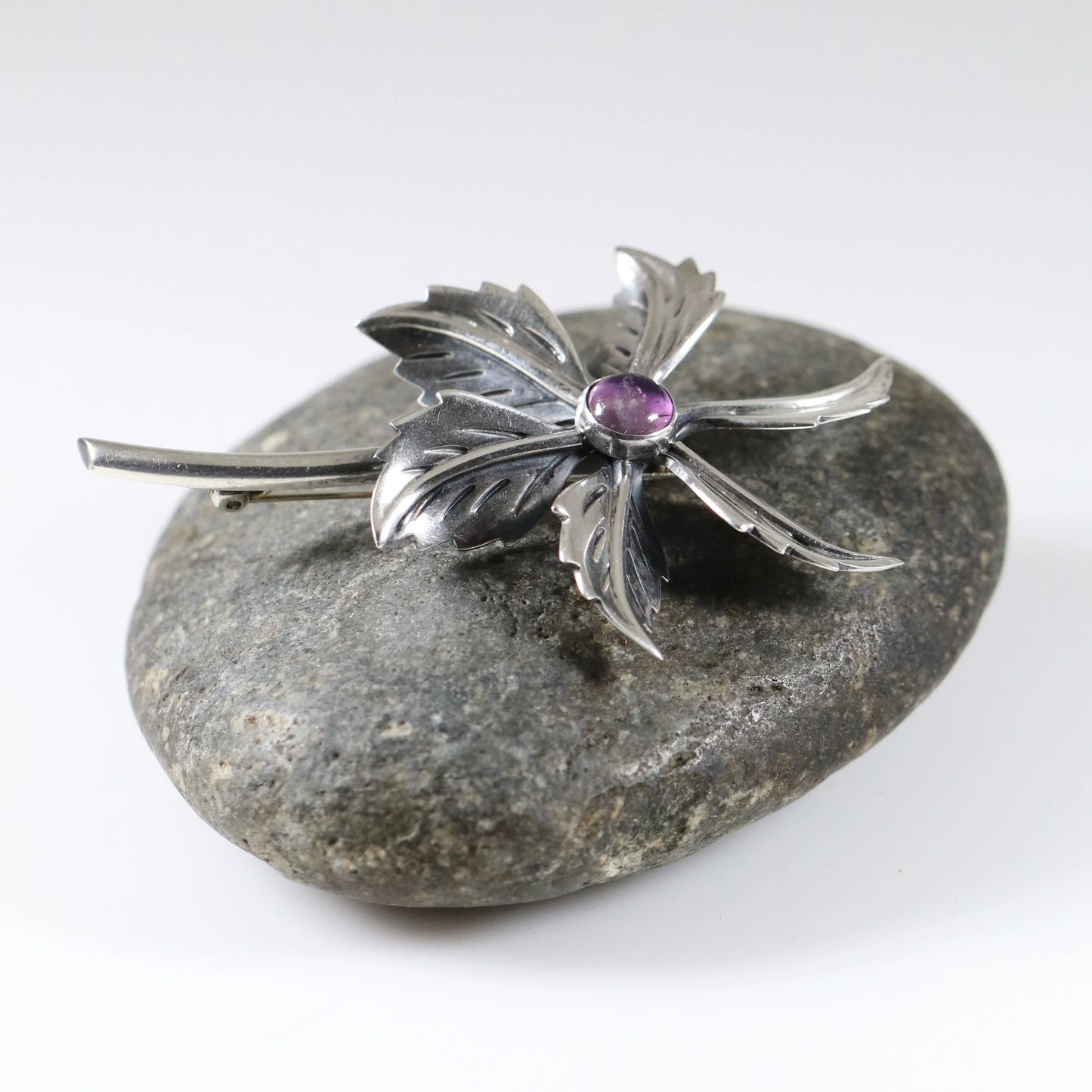 Taxco Amethyst Flower Pin | Vintage Sterling Silver | Mid-Century Mexican Silver Brooch - Carmel Fine Silver Jewelry
