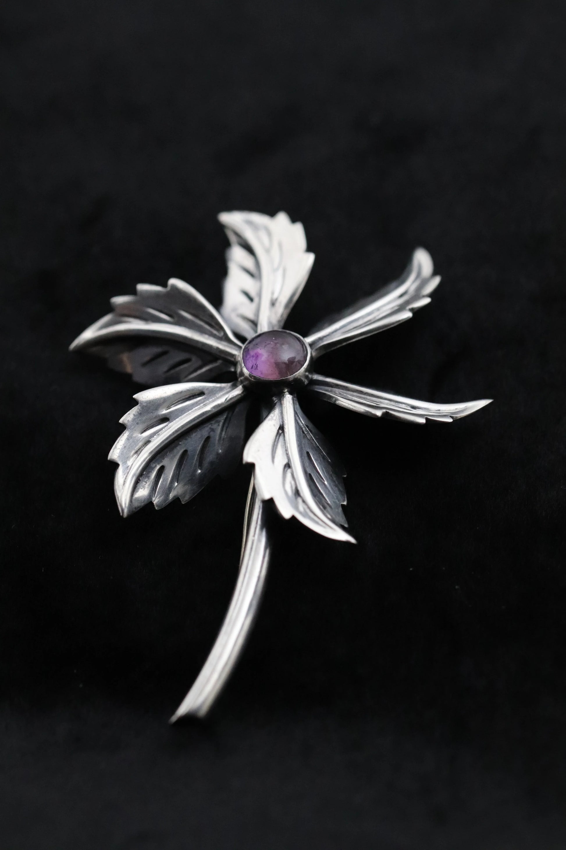 Taxco Amethyst Flower Pin | Vintage Sterling Silver | Mid-Century Mexican Silver Brooch - Carmel Fine Silver Jewelry