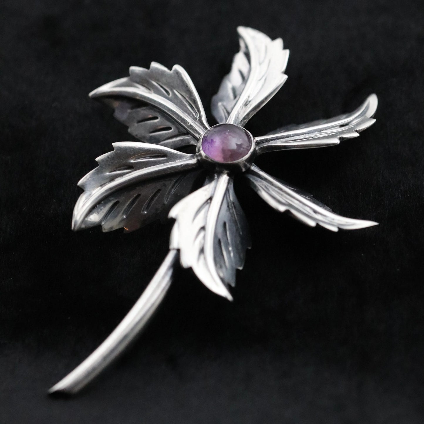 Taxco Amethyst Flower Pin | Vintage Sterling Silver | Mid-Century Mexican Silver Brooch - Carmel Fine Silver Jewelry