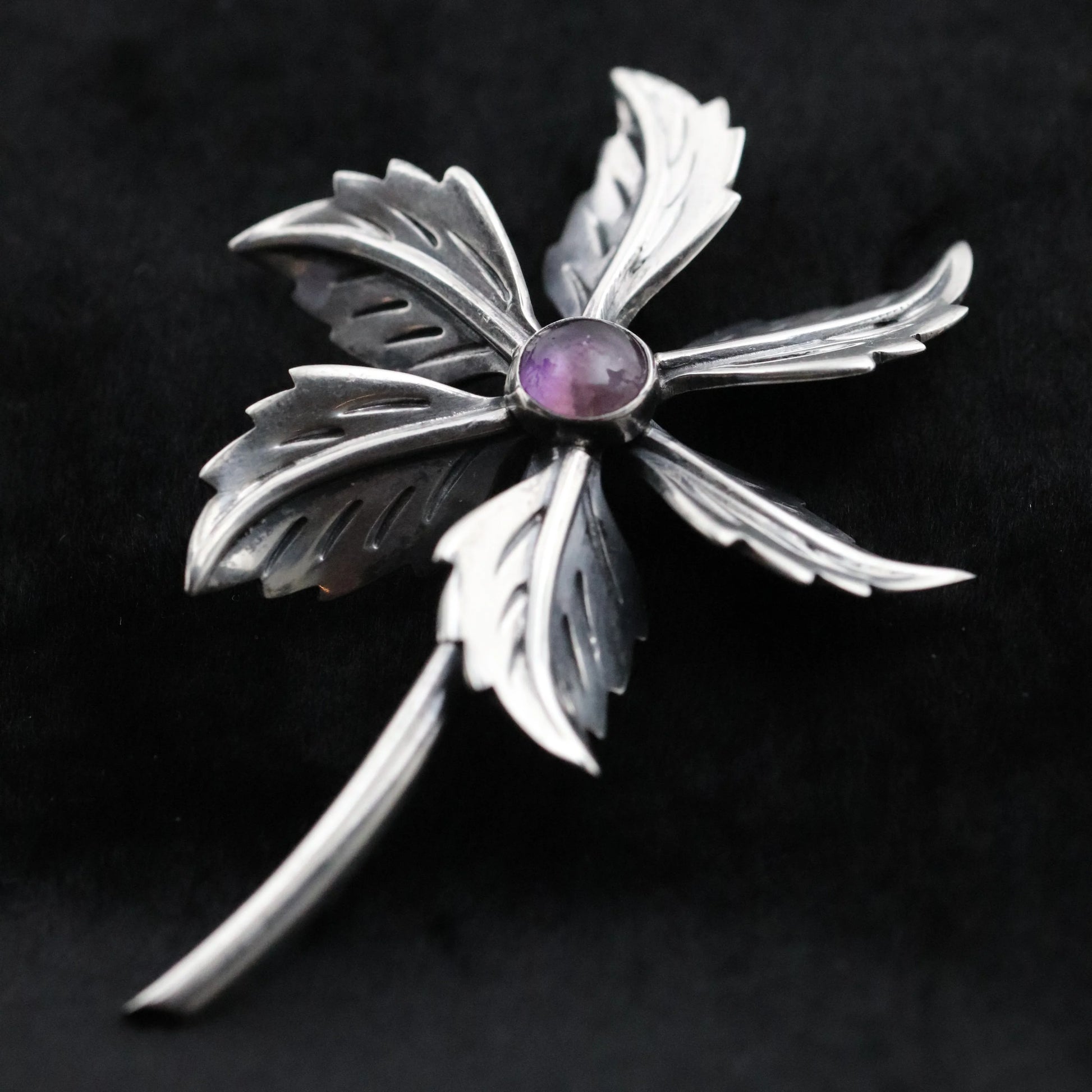 Taxco Amethyst Flower Pin | Vintage Sterling Silver | Mid-Century Mexican Silver Brooch - Carmel Fine Silver Jewelry