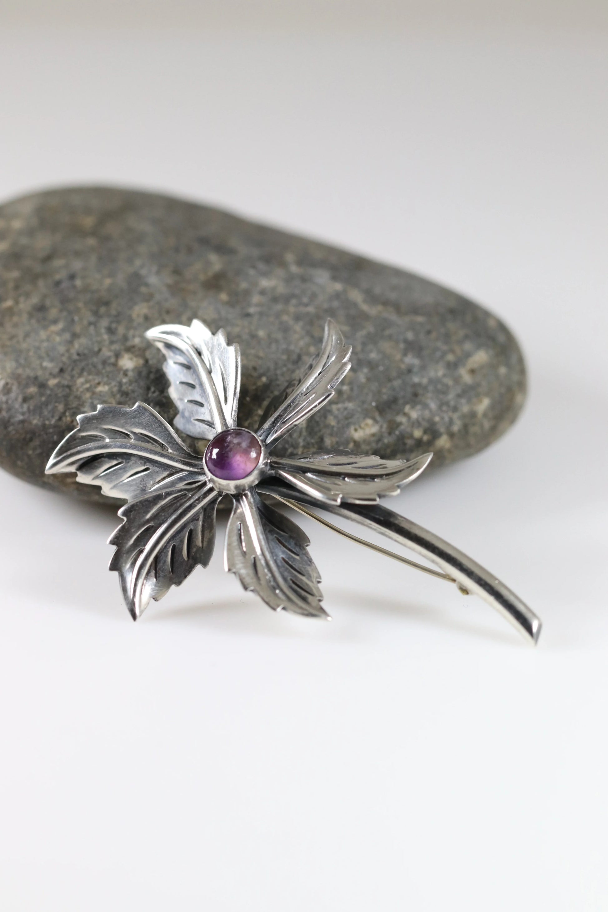 Taxco Amethyst Flower Pin | Vintage Sterling Silver | Mid-Century Mexican Silver Brooch - Carmel Fine Silver Jewelry