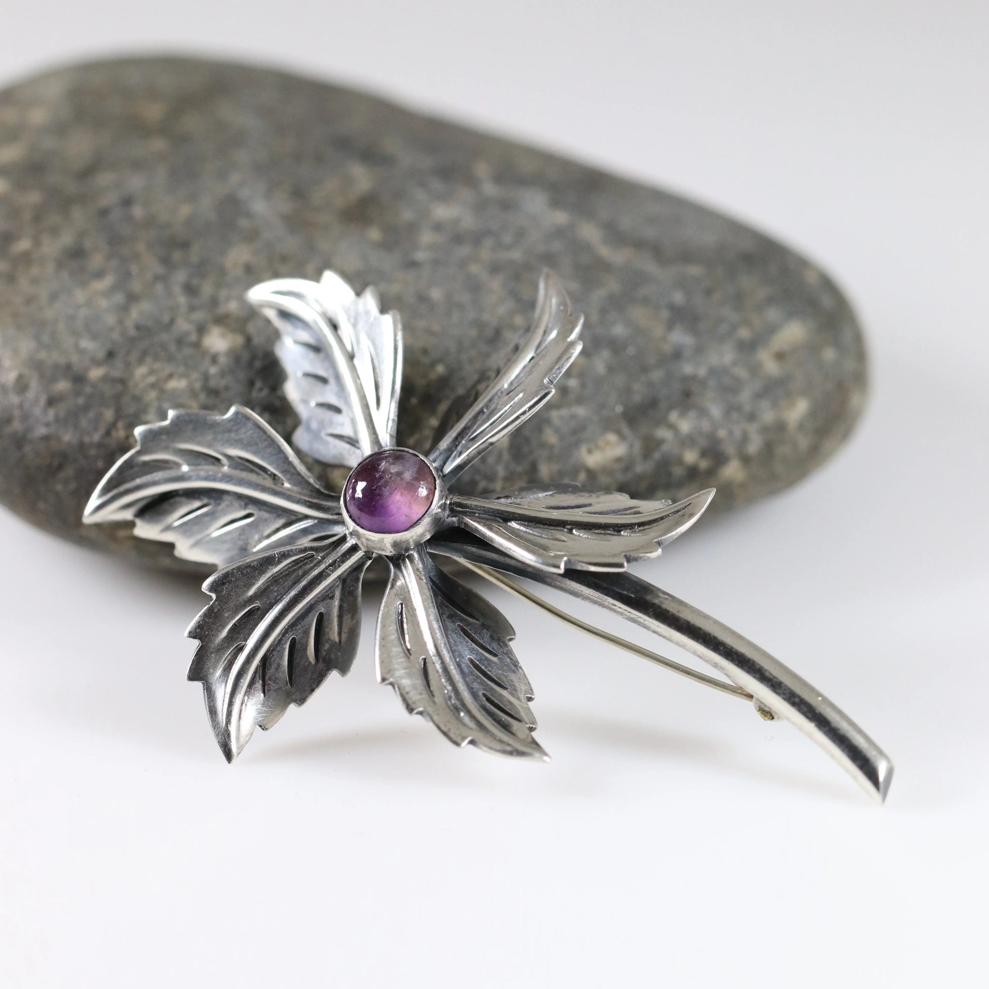 Taxco Amethyst Flower Pin | Vintage Sterling Silver | Mid-Century Mexican Silver Brooch - Carmel Fine Silver Jewelry