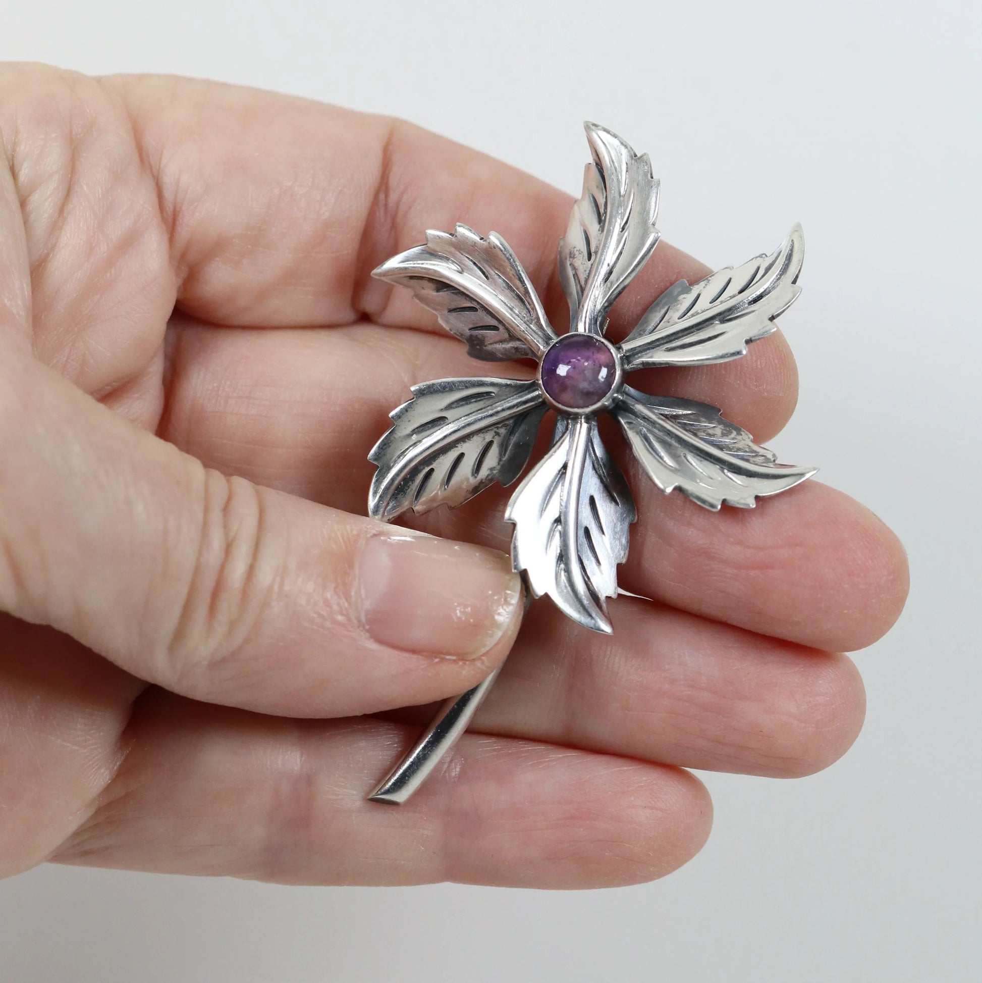 Taxco Amethyst Flower Pin | Vintage Sterling Silver | Mid-Century Mexican Silver Brooch - Carmel Fine Silver Jewelry