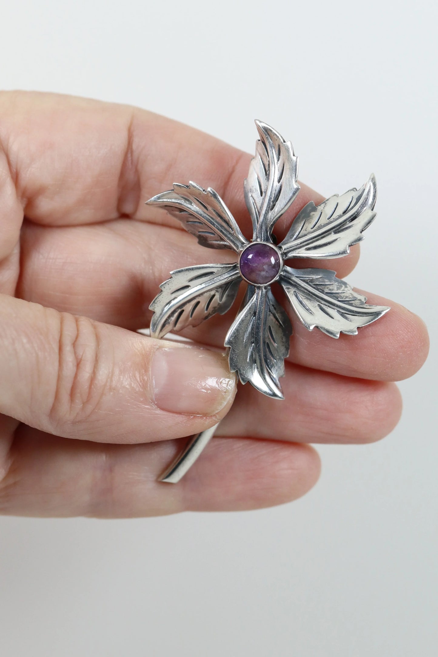 Taxco Amethyst Flower Pin | Vintage Sterling Silver | Mid-Century Mexican Silver Brooch - Carmel Fine Silver Jewelry